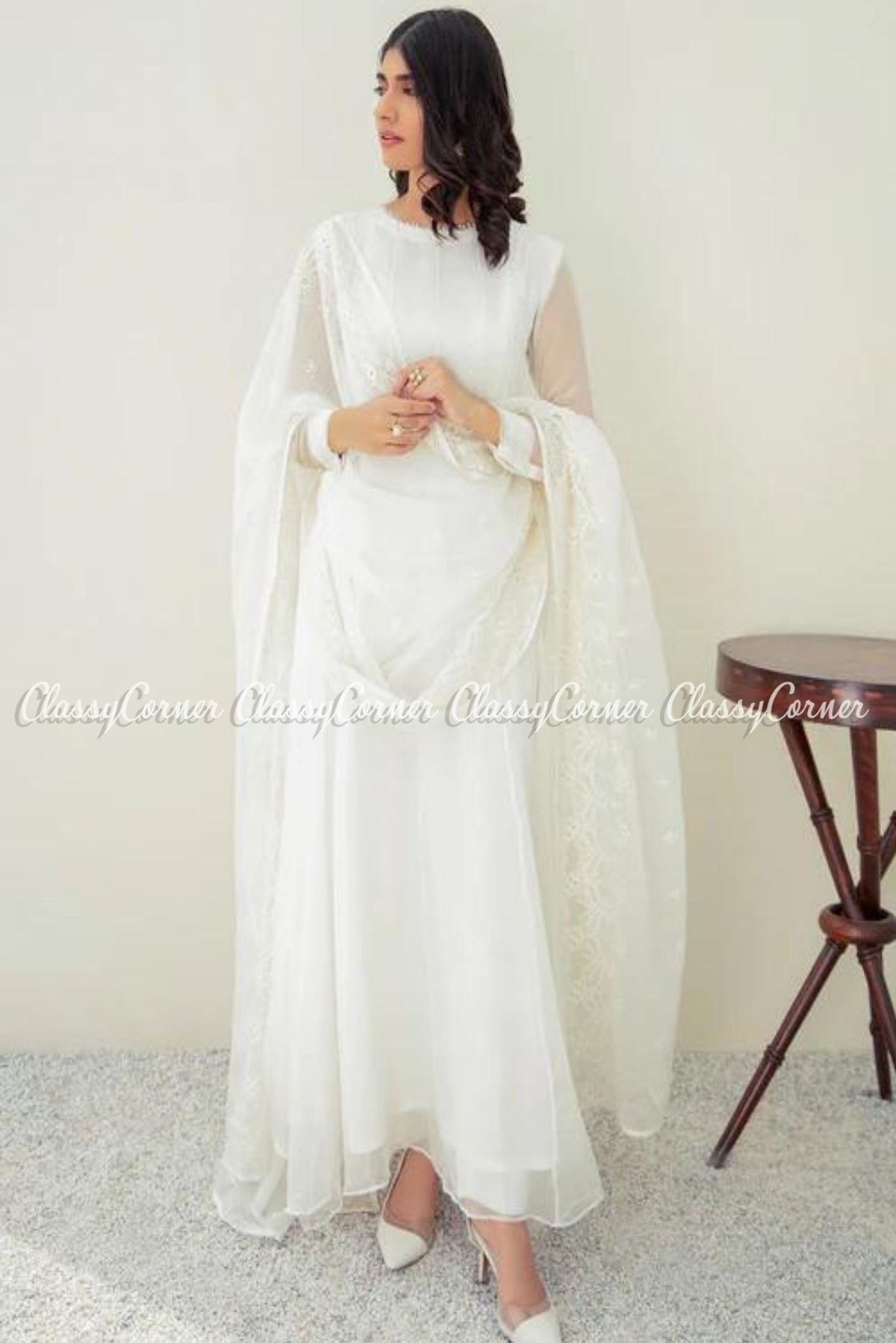 Plain White Chiffon Pakistani Maxi Frock Dress