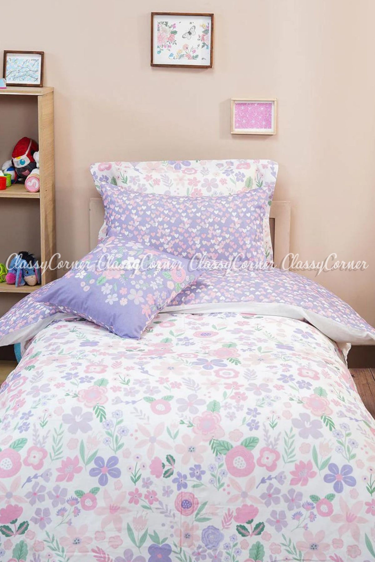 White Purple Printed Cotton Kids Bedsets