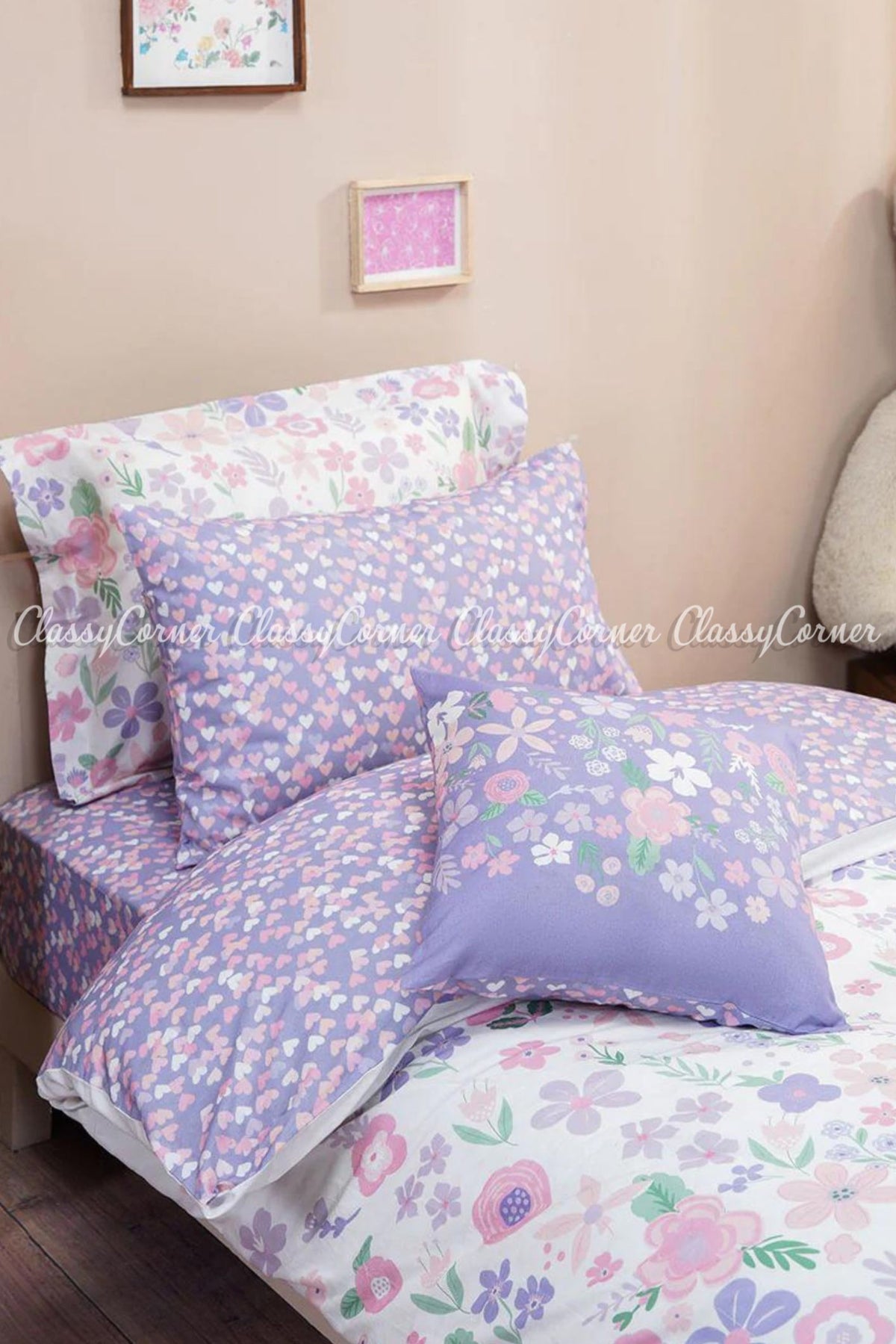 White Purple Printed Cotton Kids Bedsets