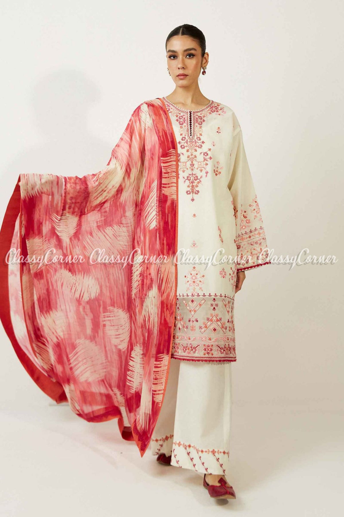 Cream White Red Embroidered Lawn Salwar Kameez