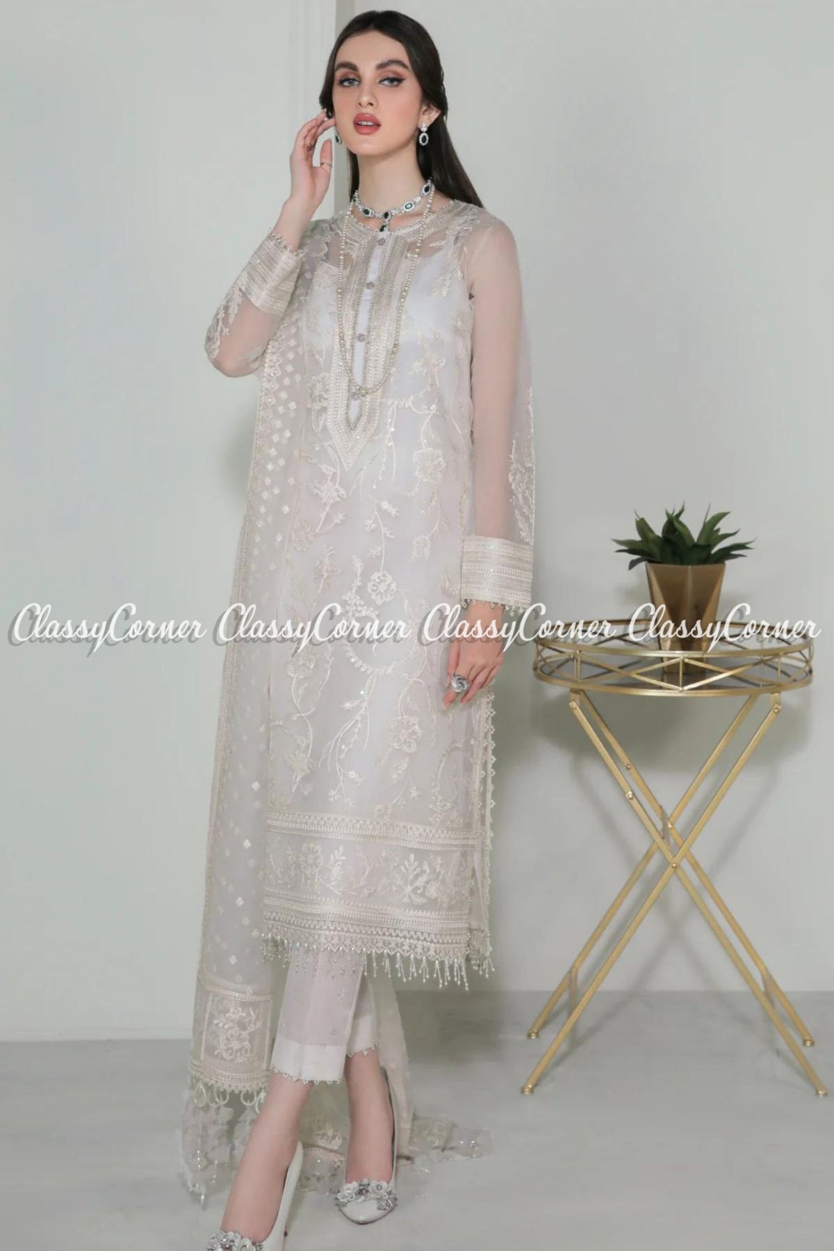 White Organza Embroidered Pakistani Salwar Kameez