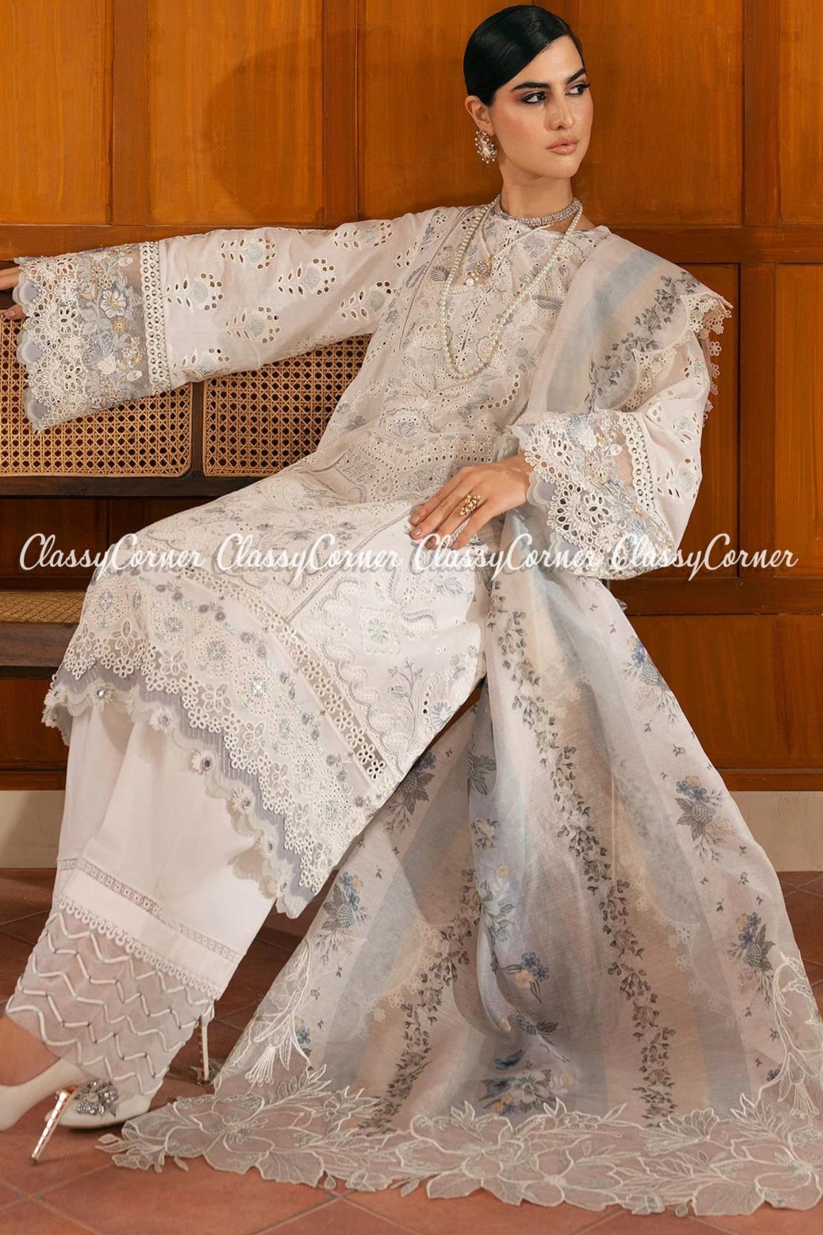 Grey White Lawn Organza Embroidered Formal Wear 3 Piece