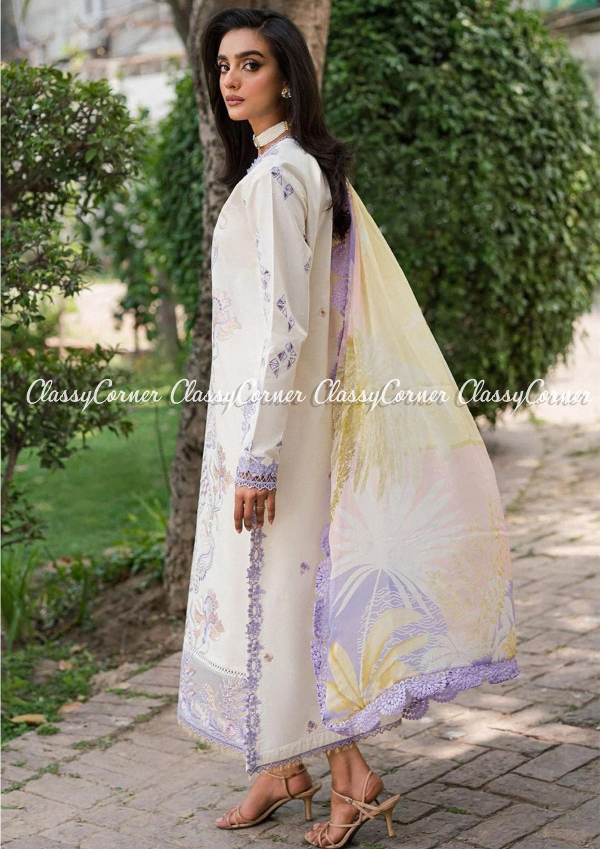 White Lilac Lawn Embroidered Pakistani Salwar Kameez