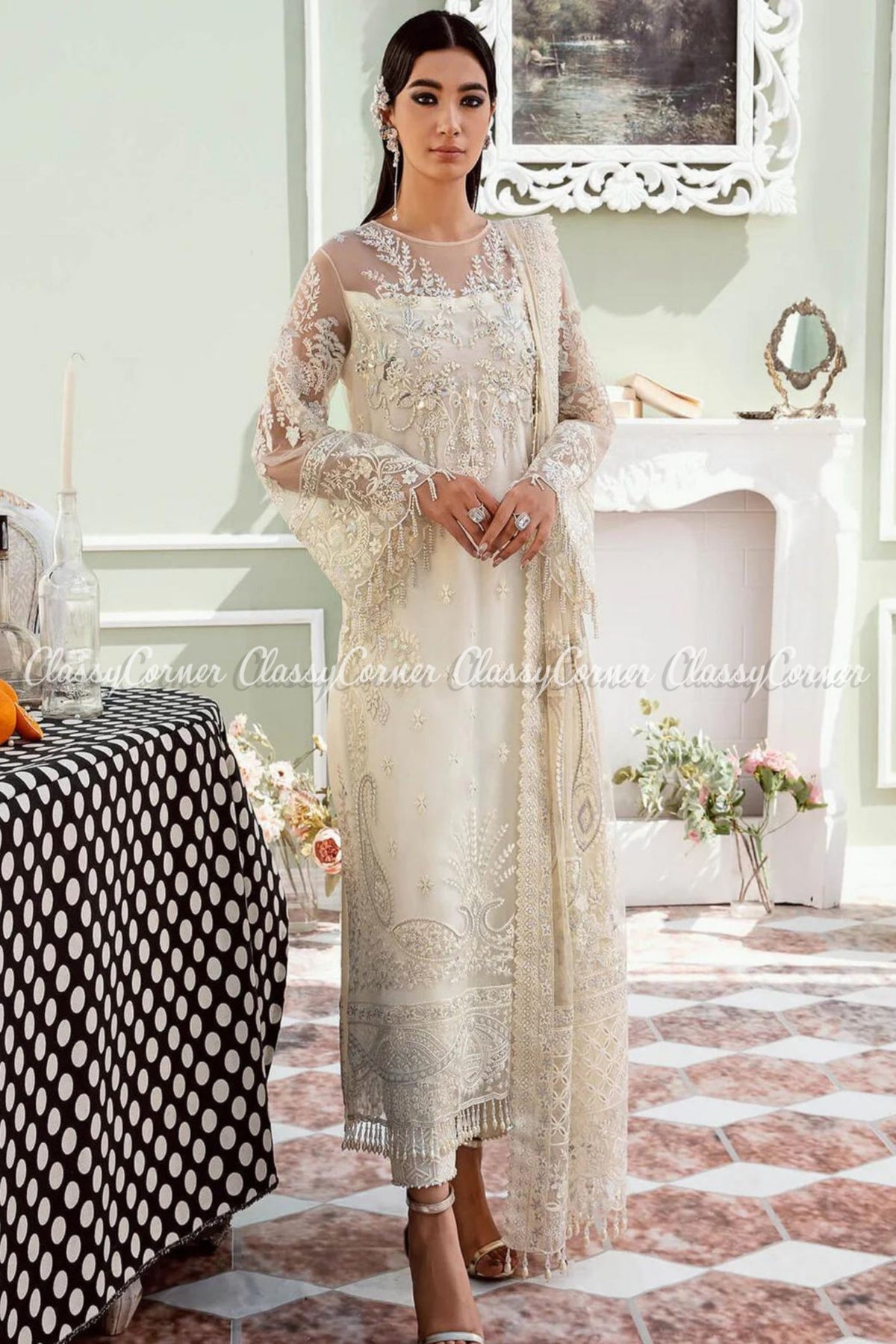 White Net Embellished Wedding Wear Salwar Kameez