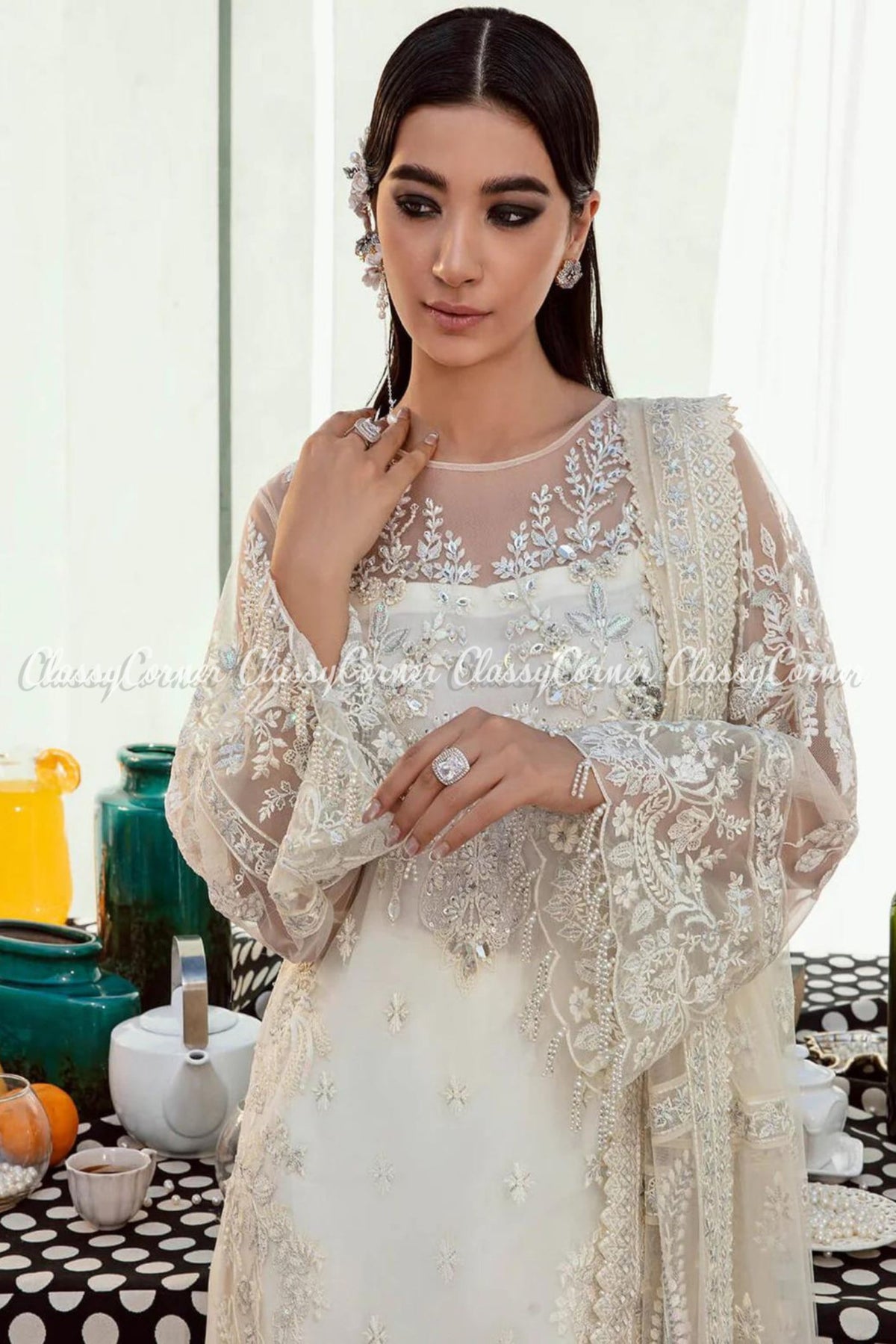 White Net Embellished Wedding Wear Salwar Kameez