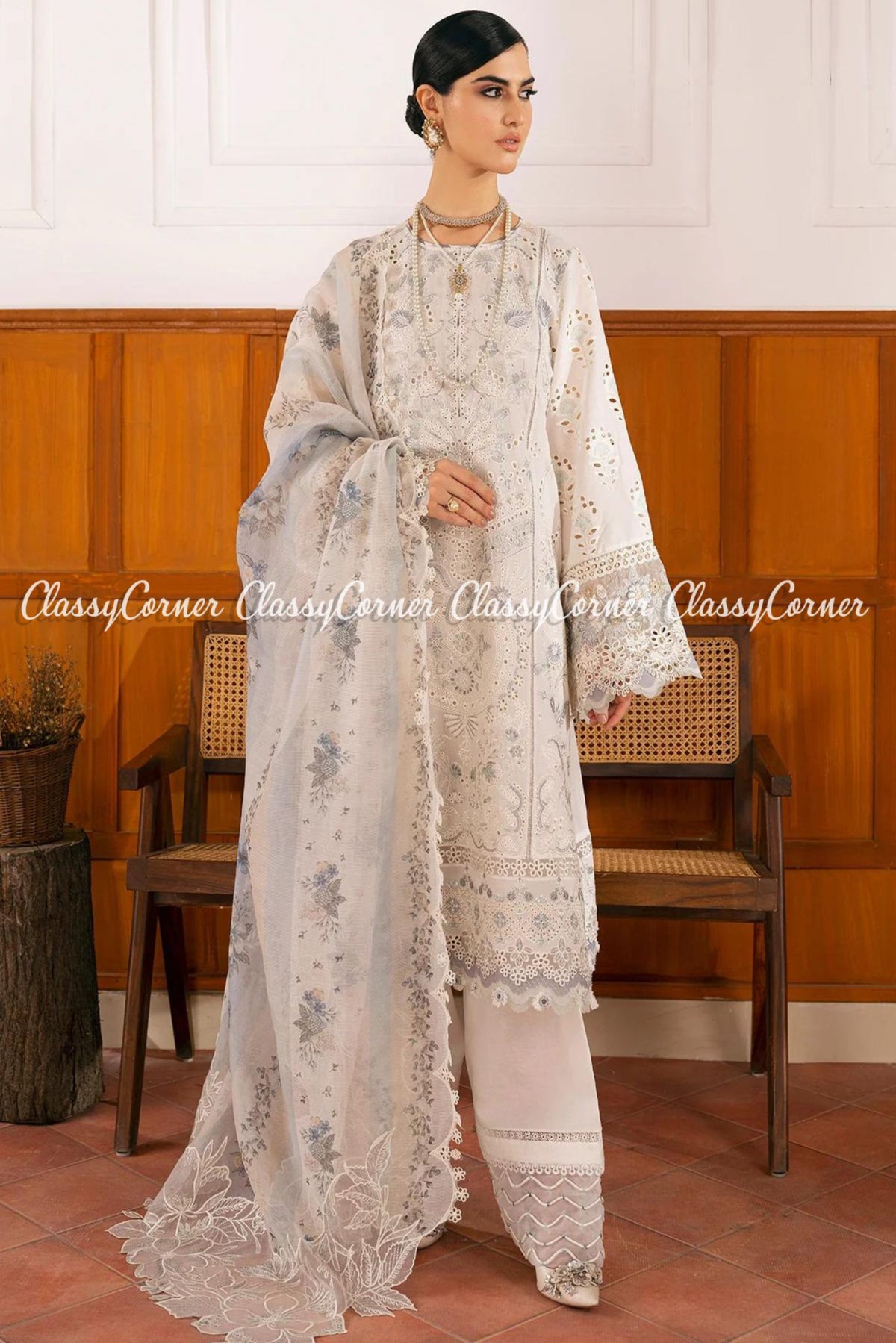 Grey White Lawn Organza Embroidered Formal Wear 3 Piece