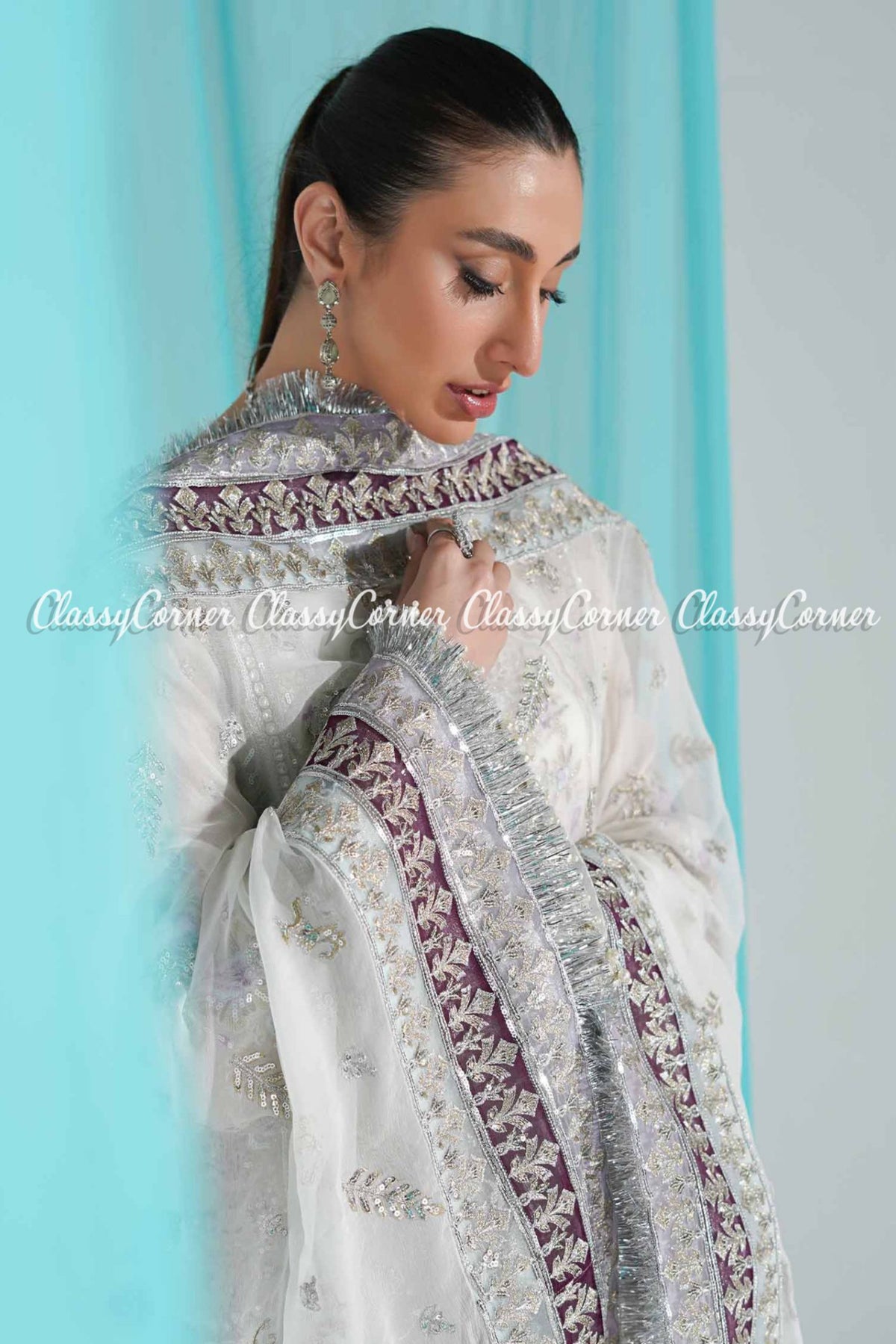 White Silver Chiffon Embroidered Wedding Wear Sharara Dress