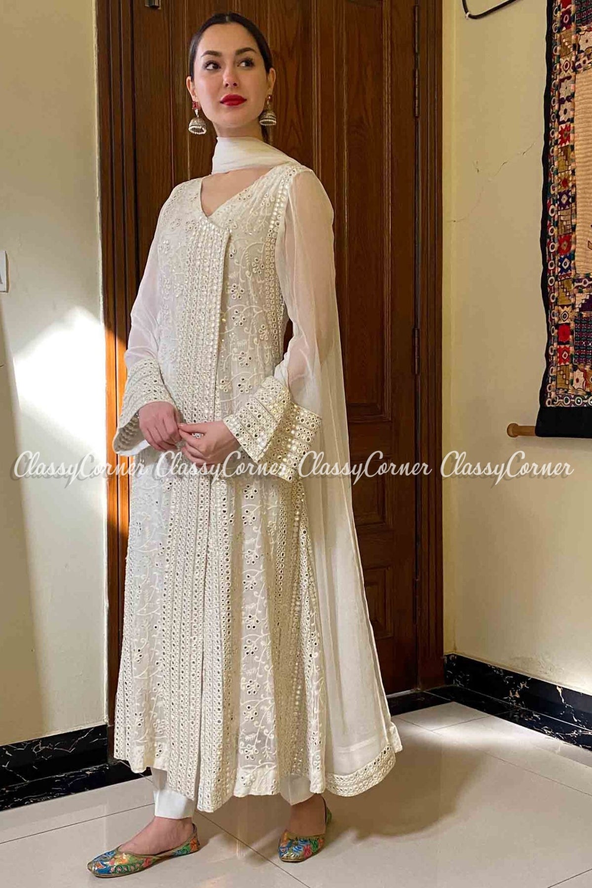 White Chiffon Chinkari Party Wear Angrakha