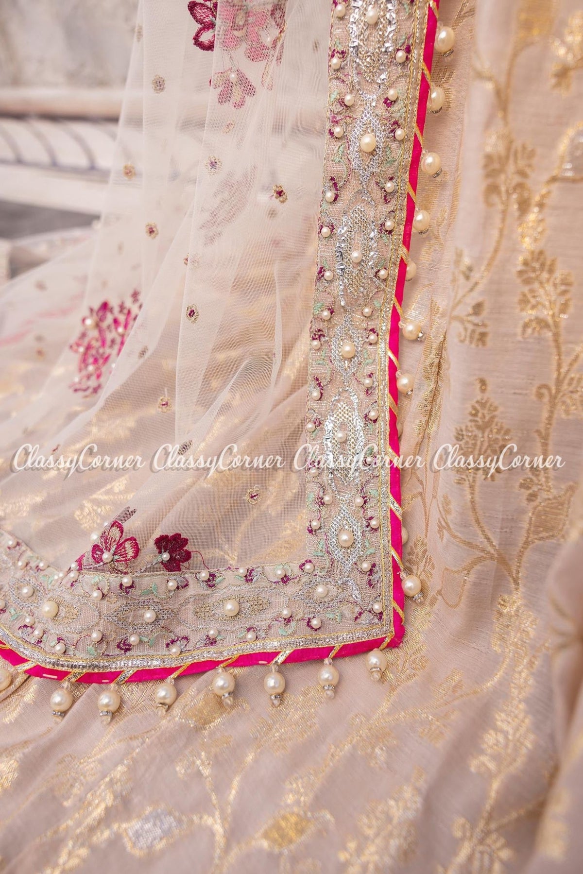 Cream White Net Embellished Bridal Wear Gharara