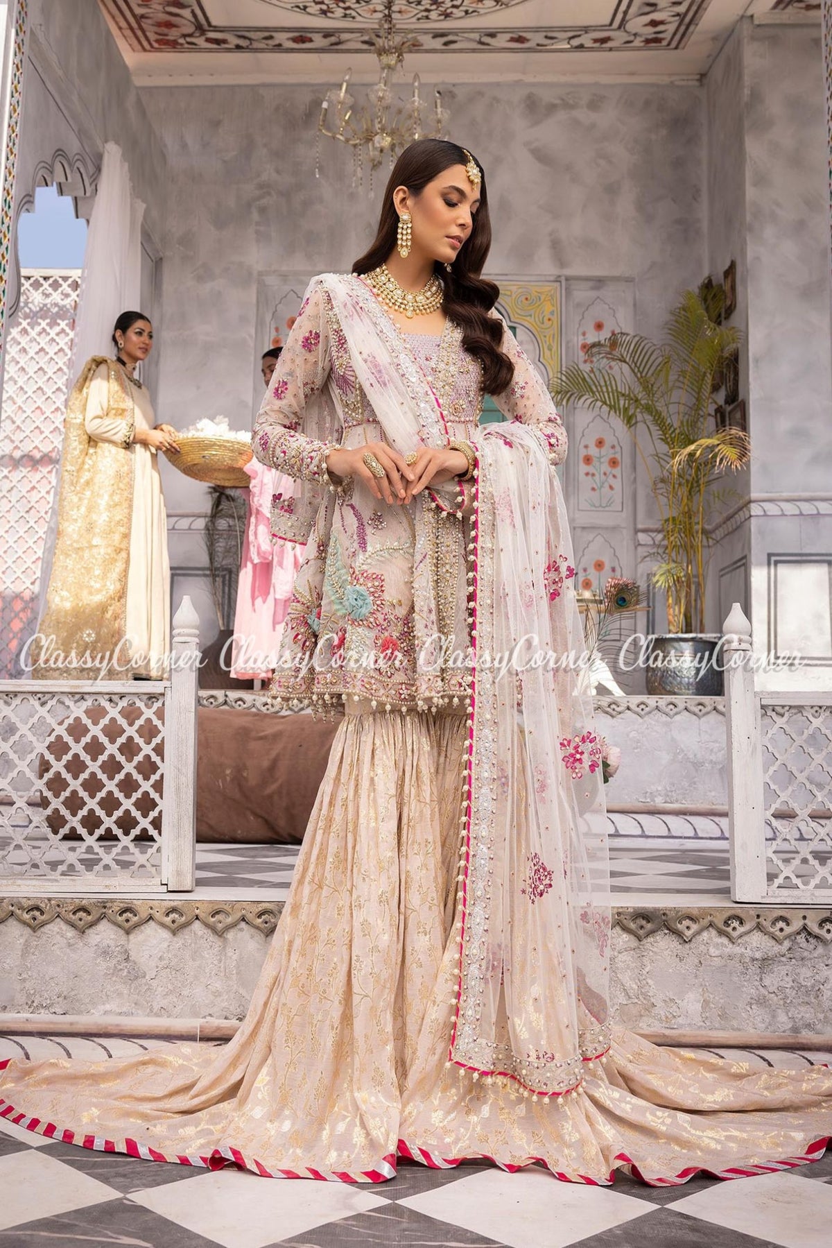 Cream White Net Embellished Bridal Wear Gharara