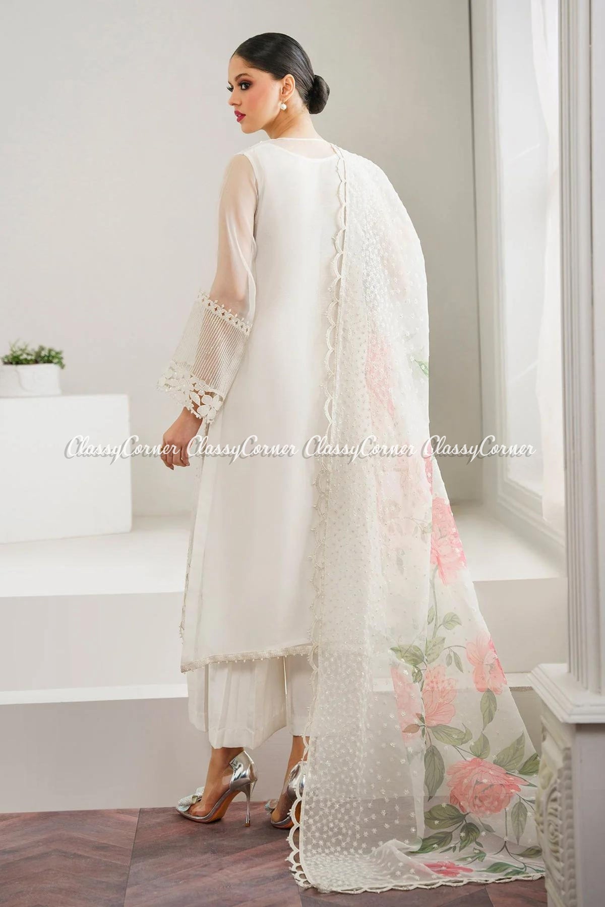 White Organza Embroidered Salwar Kameez