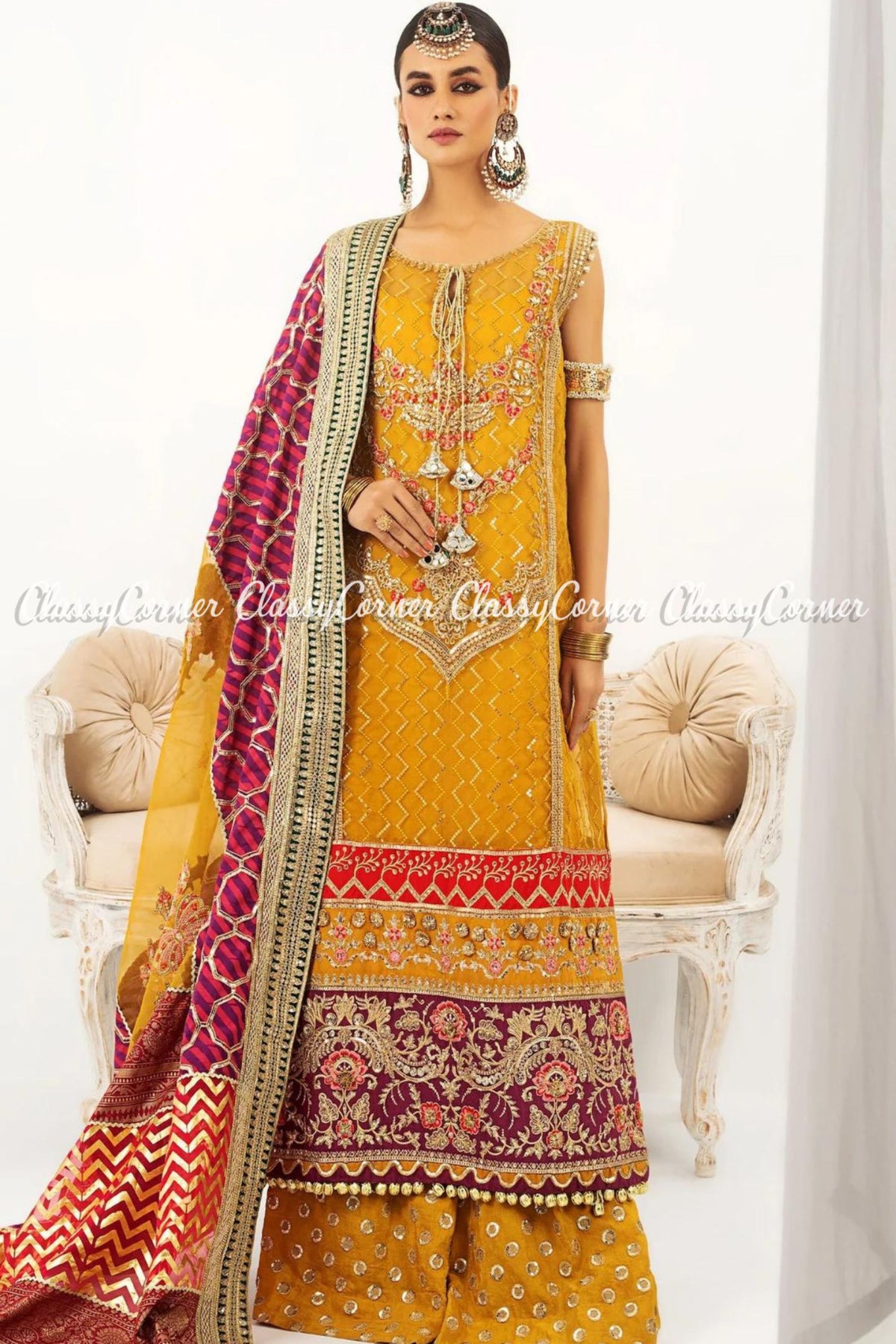 Yellow Golden Organza Embroidered Pakistani Sharara Outfit