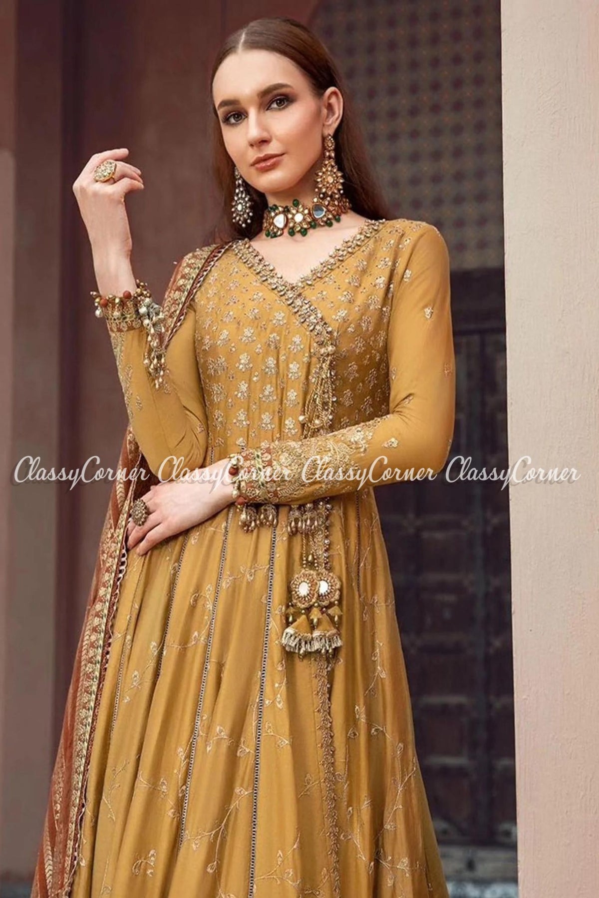 Mustard Yellow Cotton Embroidered Party Wear Gown