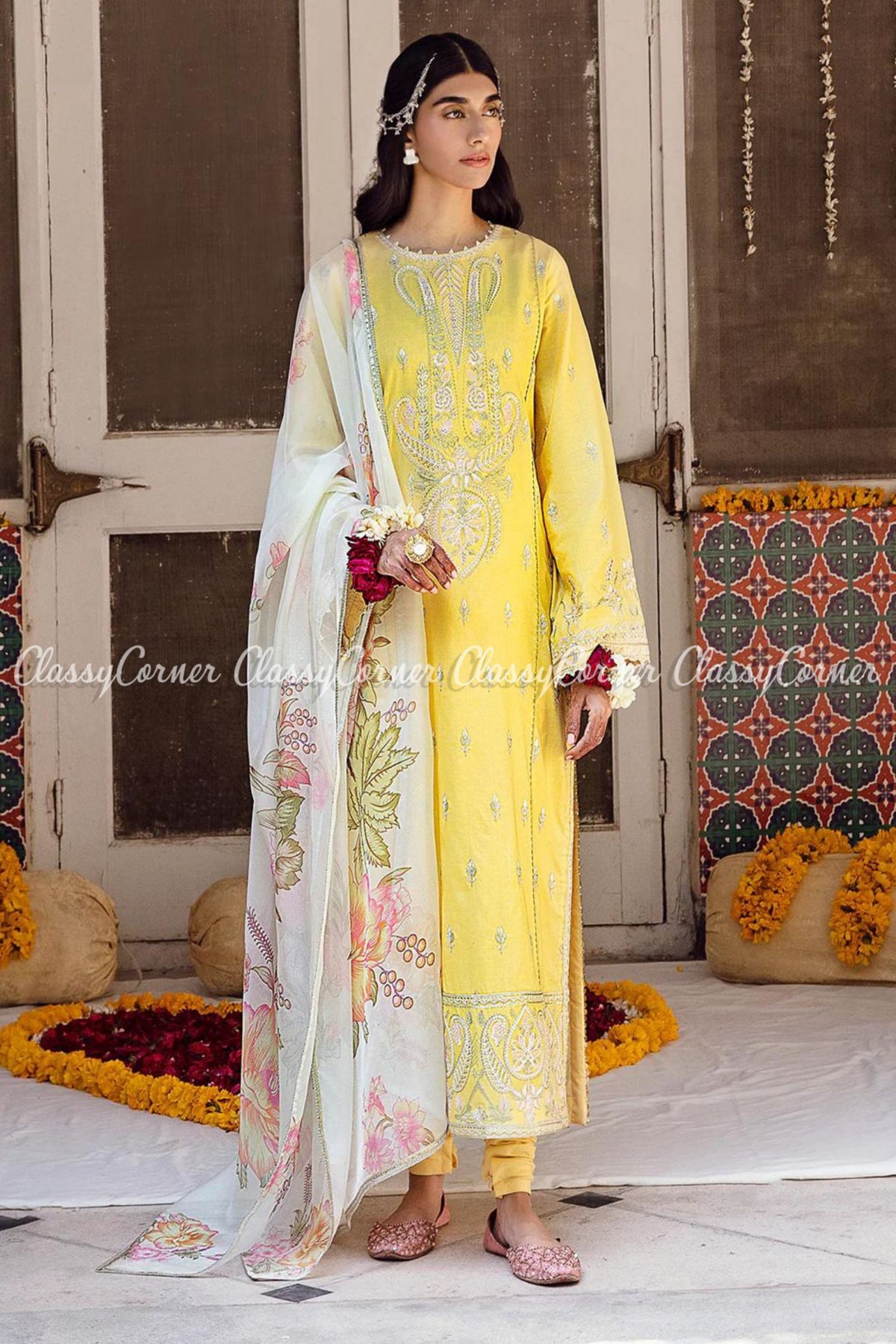 Yellow Cream Lawn Embroidered Pakistani Salwar Kameez