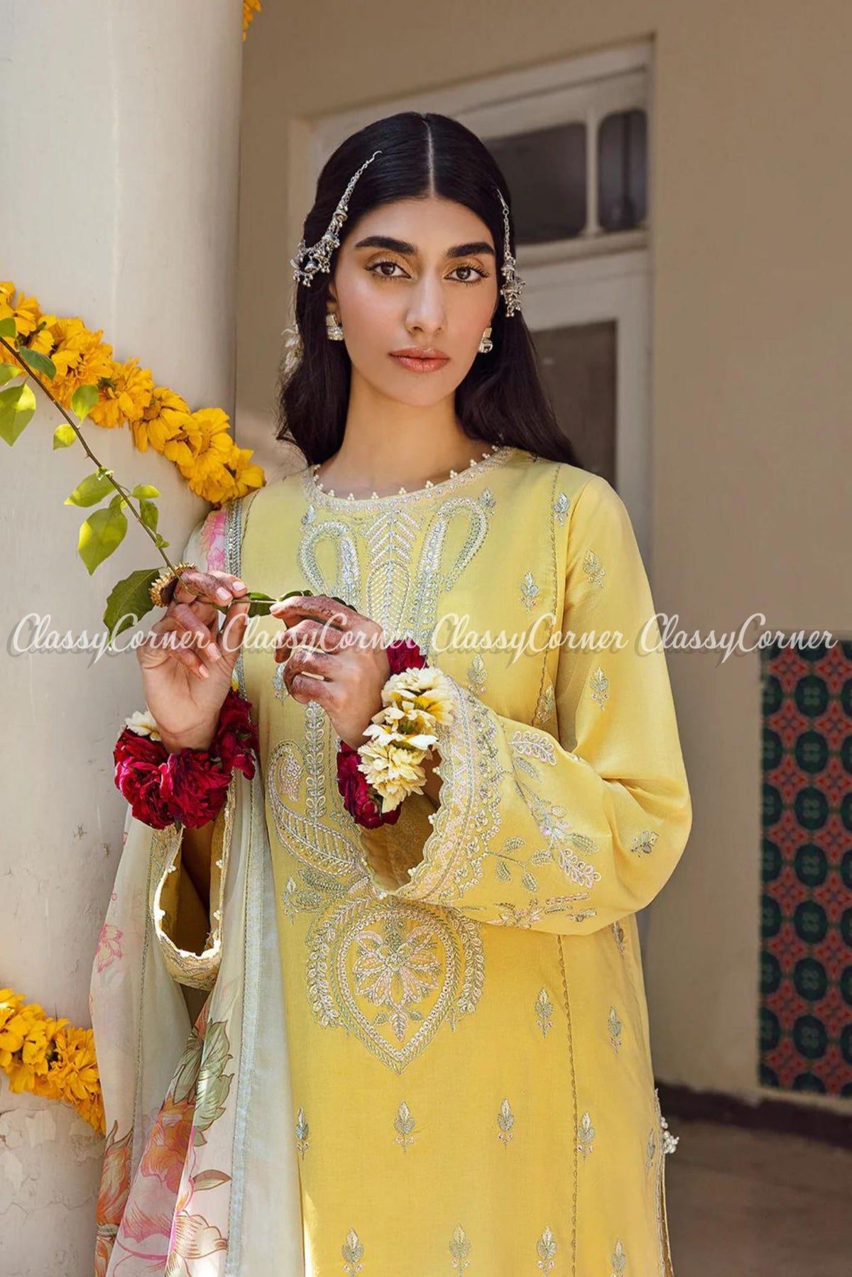 Yellow Cream Lawn Embroidered Pakistani Salwar Kameez