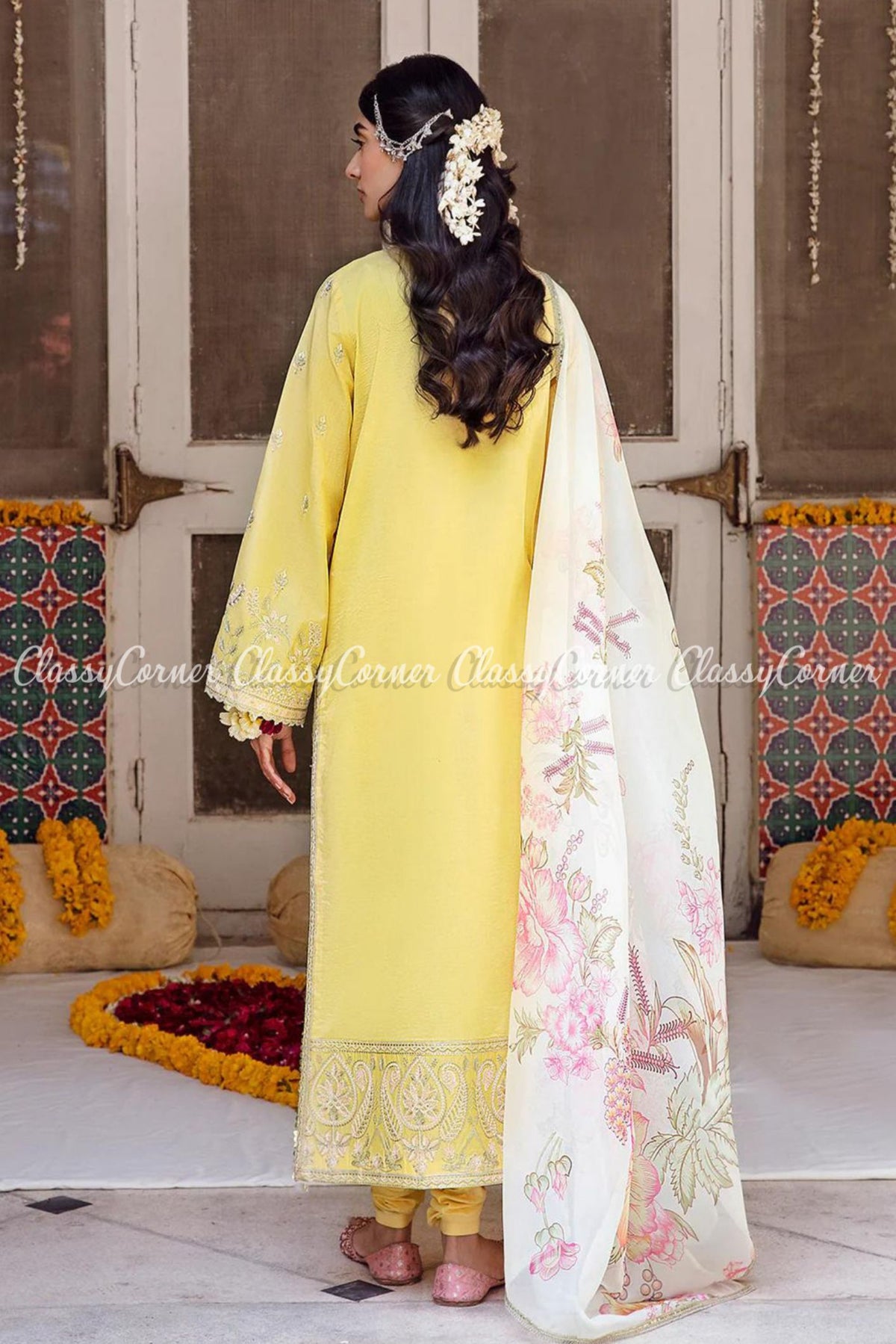 Yellow Cream Lawn Embroidered Pakistani Salwar Kameez