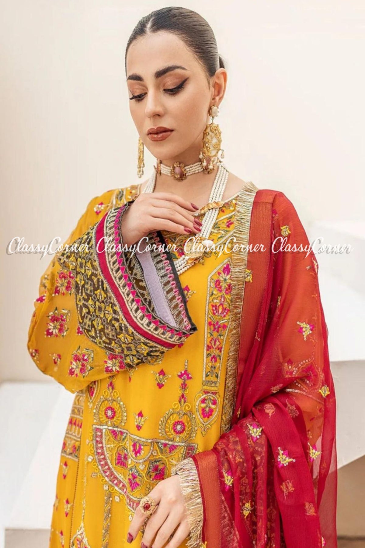 Yellow Red Chiffon Embroidered Pakistani Salwar Kameez