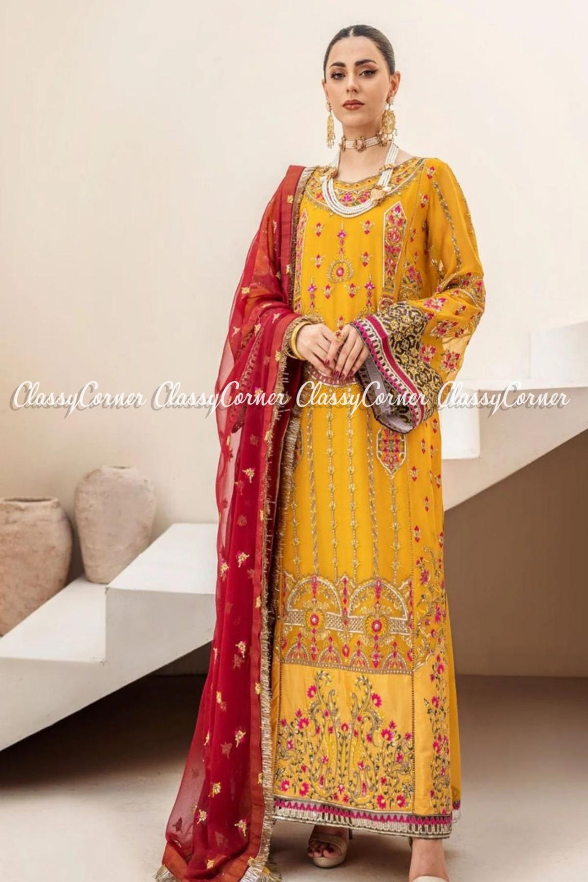 Yellow Red Chiffon Embroidered Pakistani Salwar Kameez