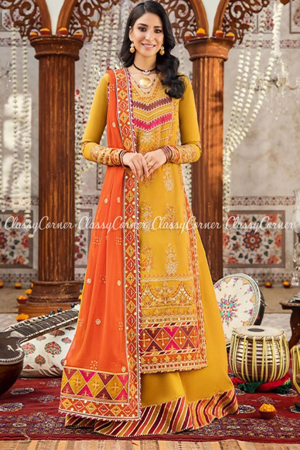 Merigold Orange Lawn Embroidered Sharara Dress