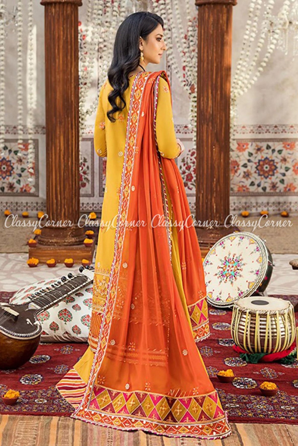 Merigold Orange Lawn Embroidered Sharara Dress