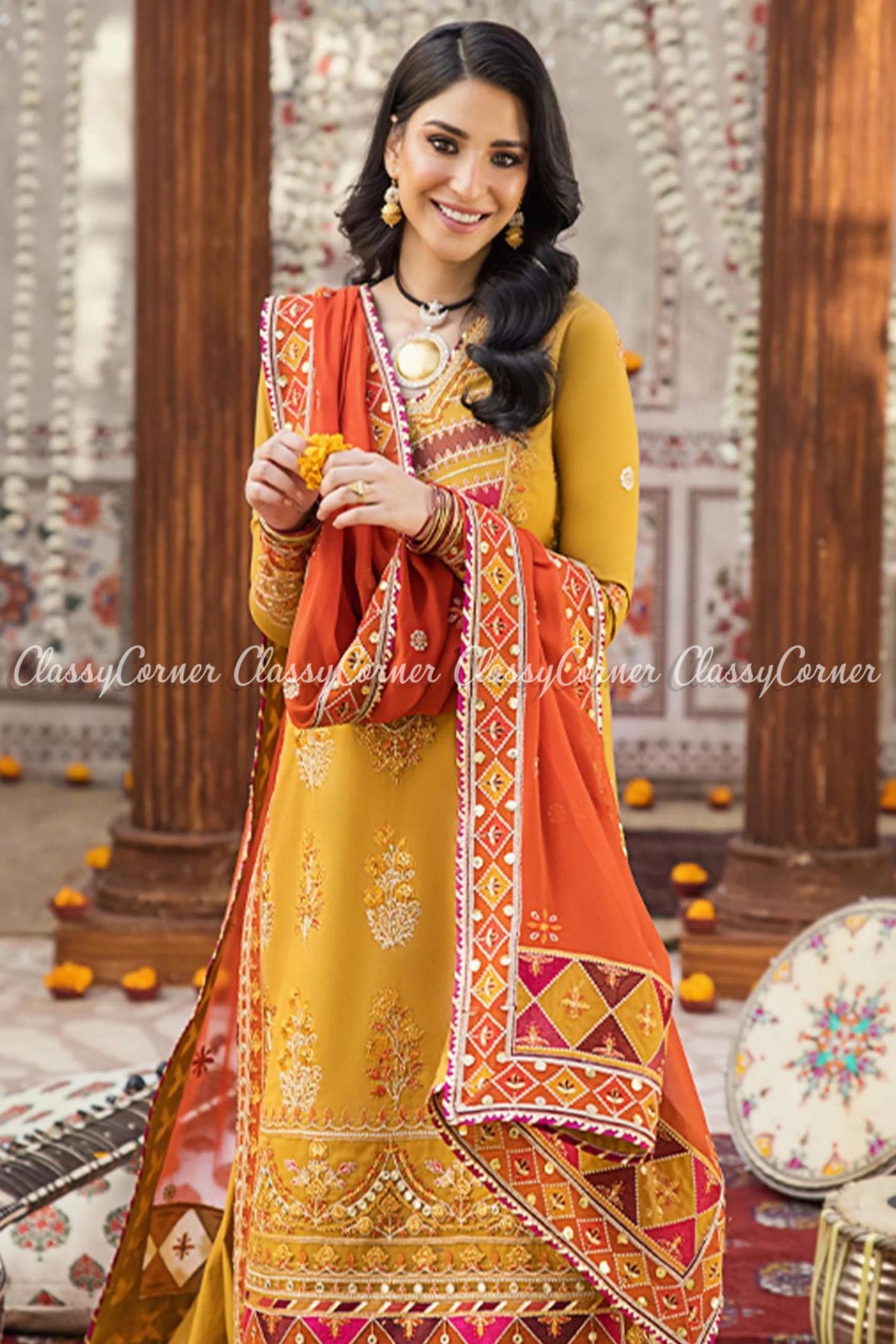 Merigold Orange Lawn Embroidered Sharara Dress