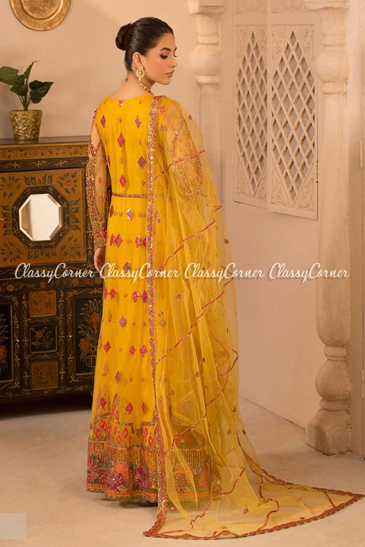 Yellow Multi Net Embellished Readymade Gown