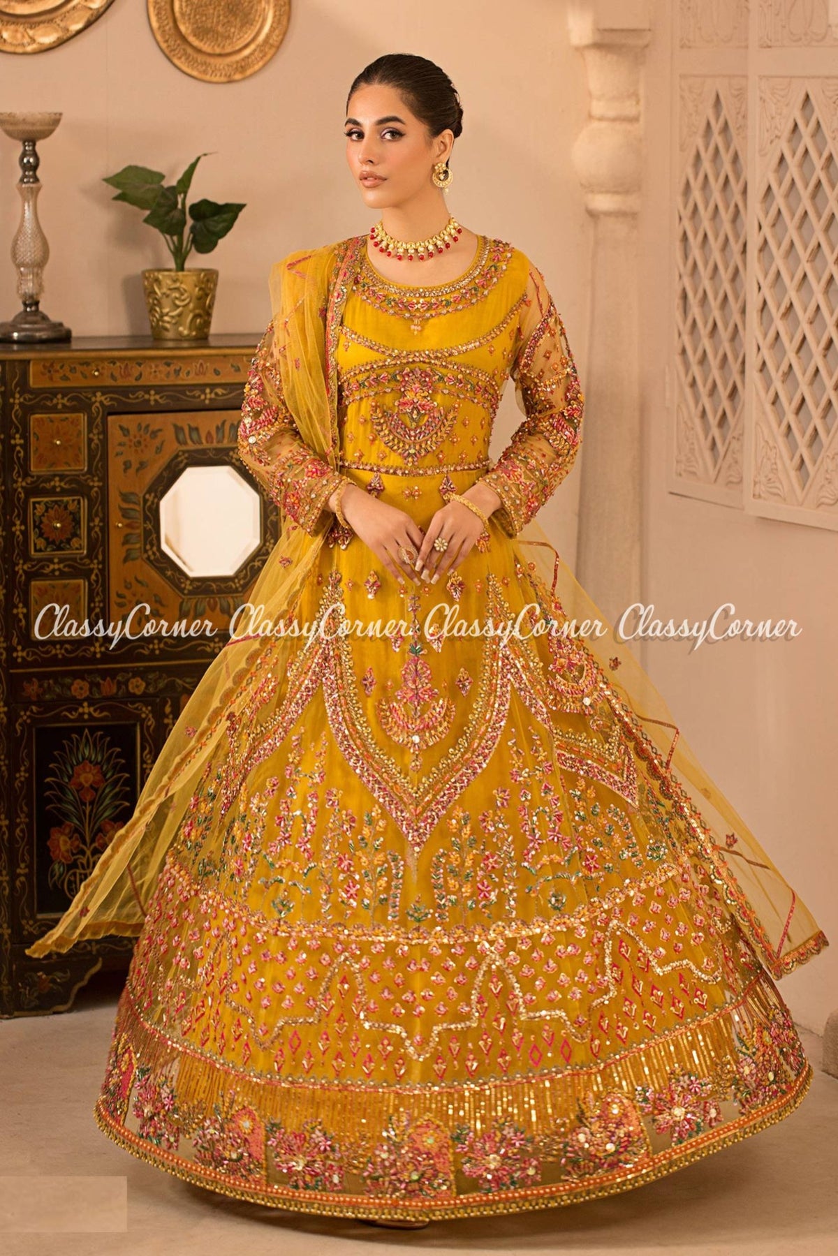 Yellow Multi Net Embellished Readymade Gown