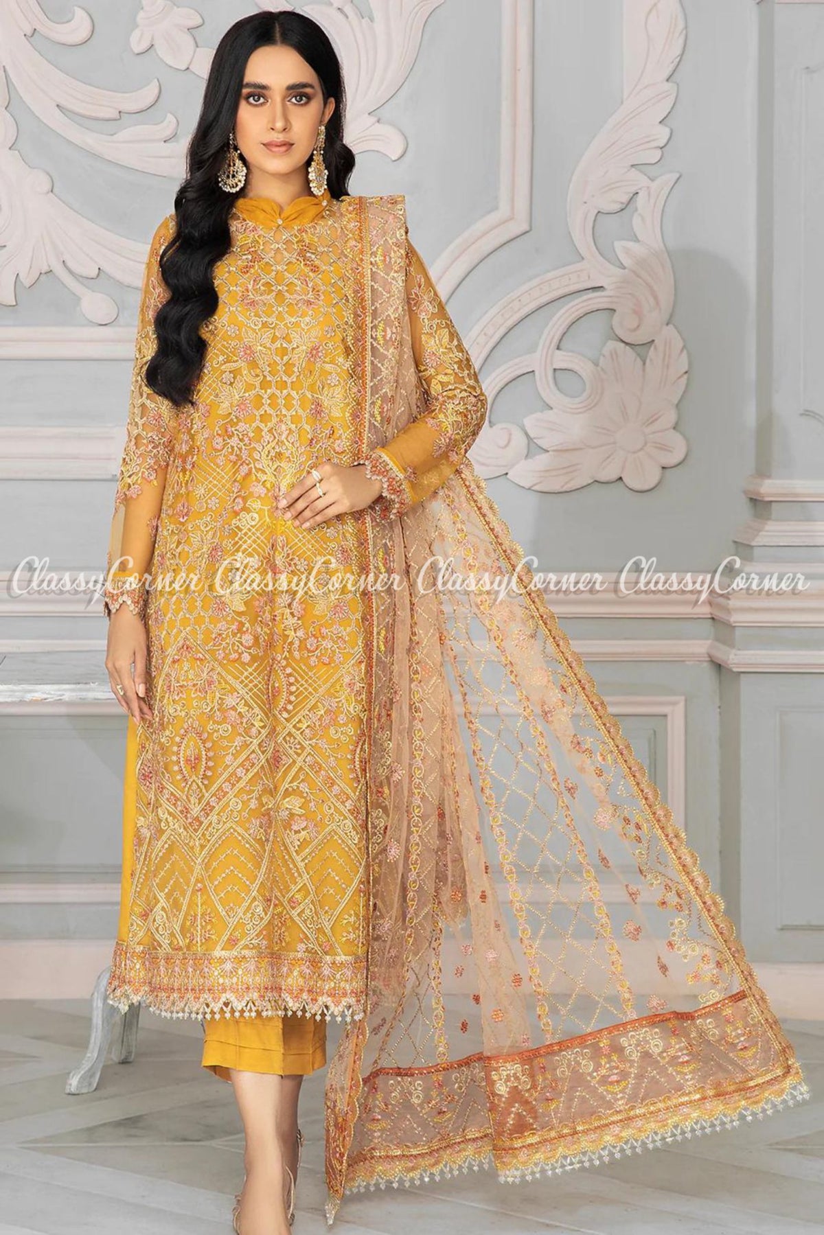 Yellow Pink Net Embroidered Formal Wear Salwar Kameez