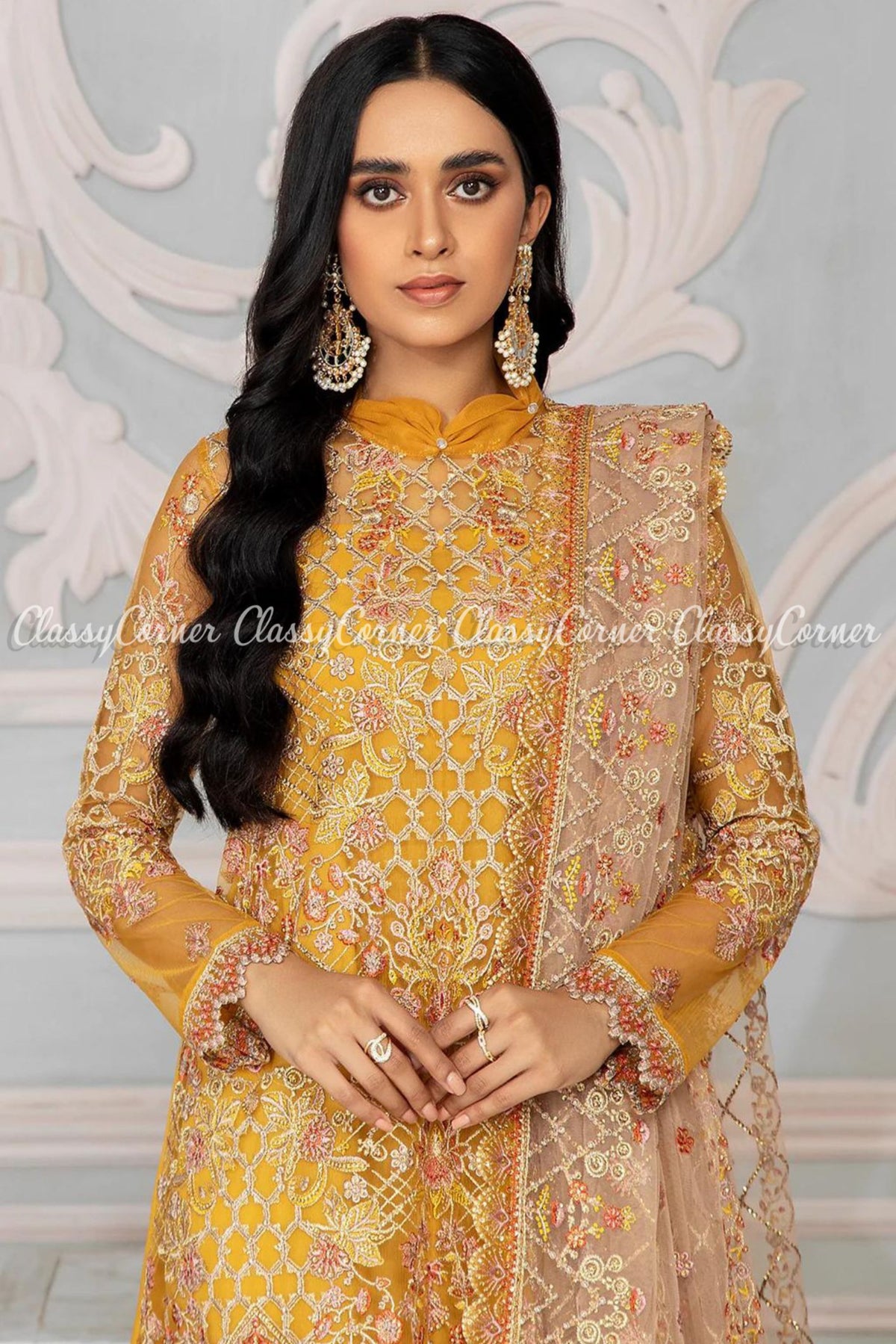 Yellow Pink Net Embroidered Formal Wear Salwar Kameez