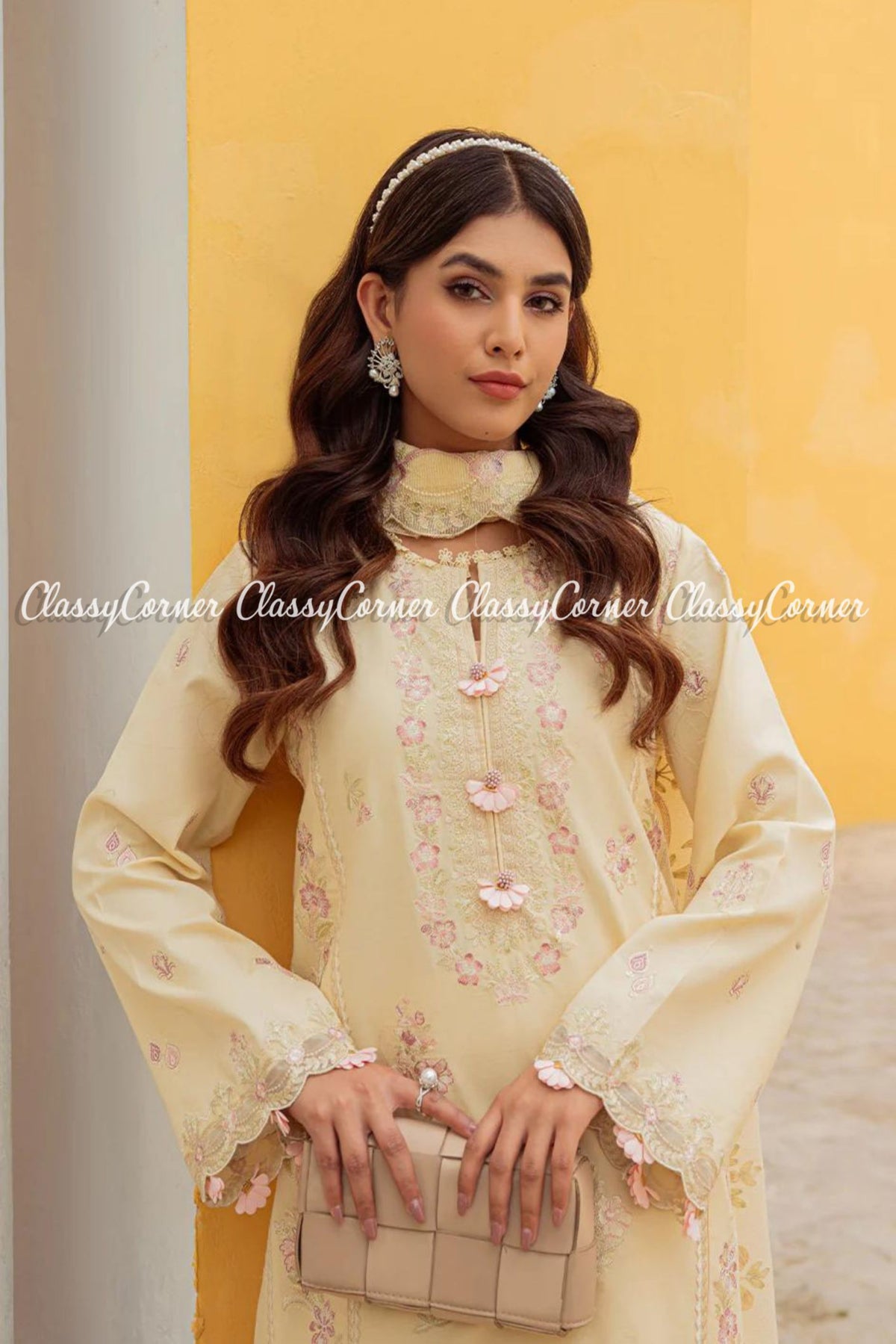 Yellow Pink Lawn Embroidered Pakistani Salwar kameez