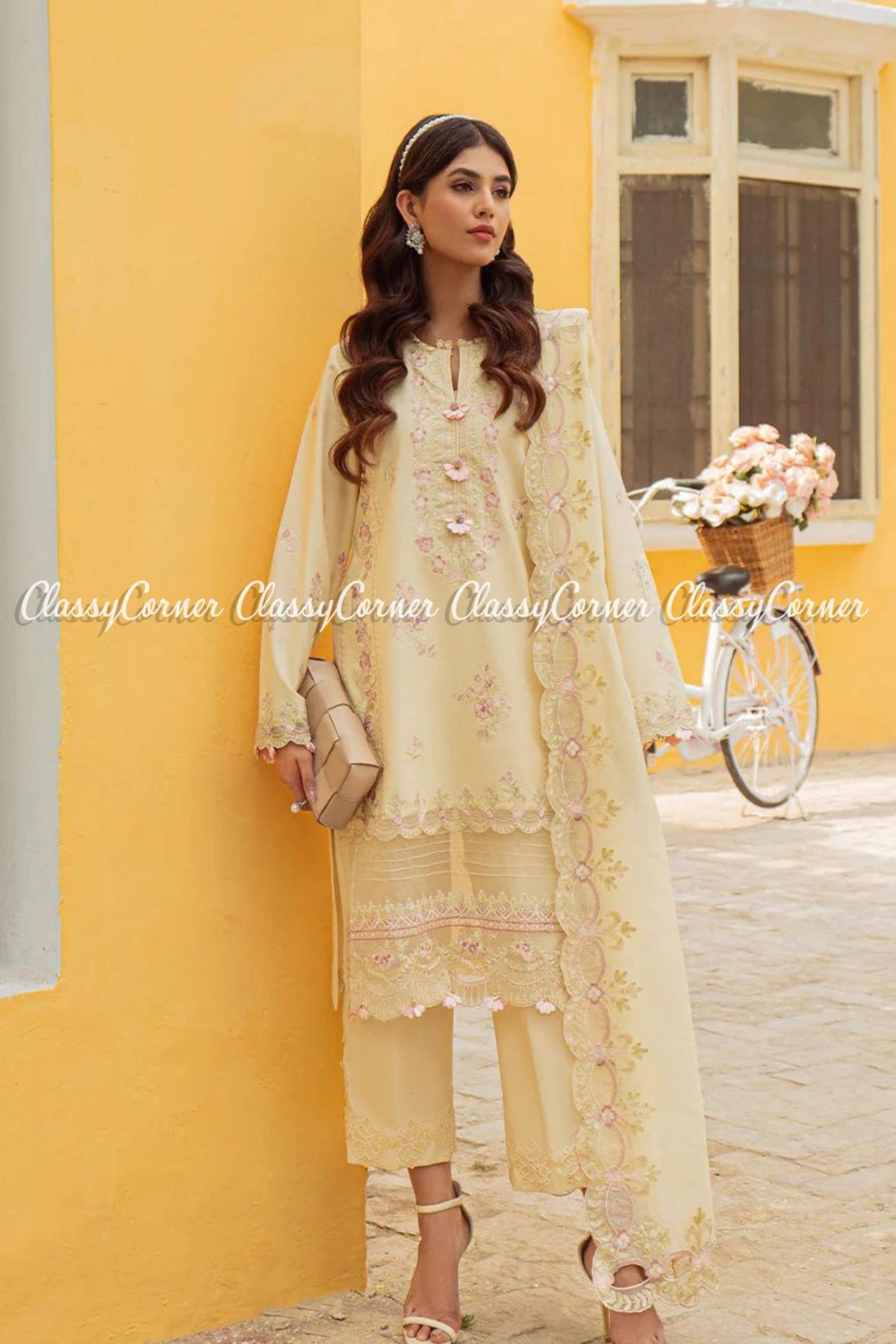 Yellow Pink Lawn Embroidered Pakistani Salwar kameez