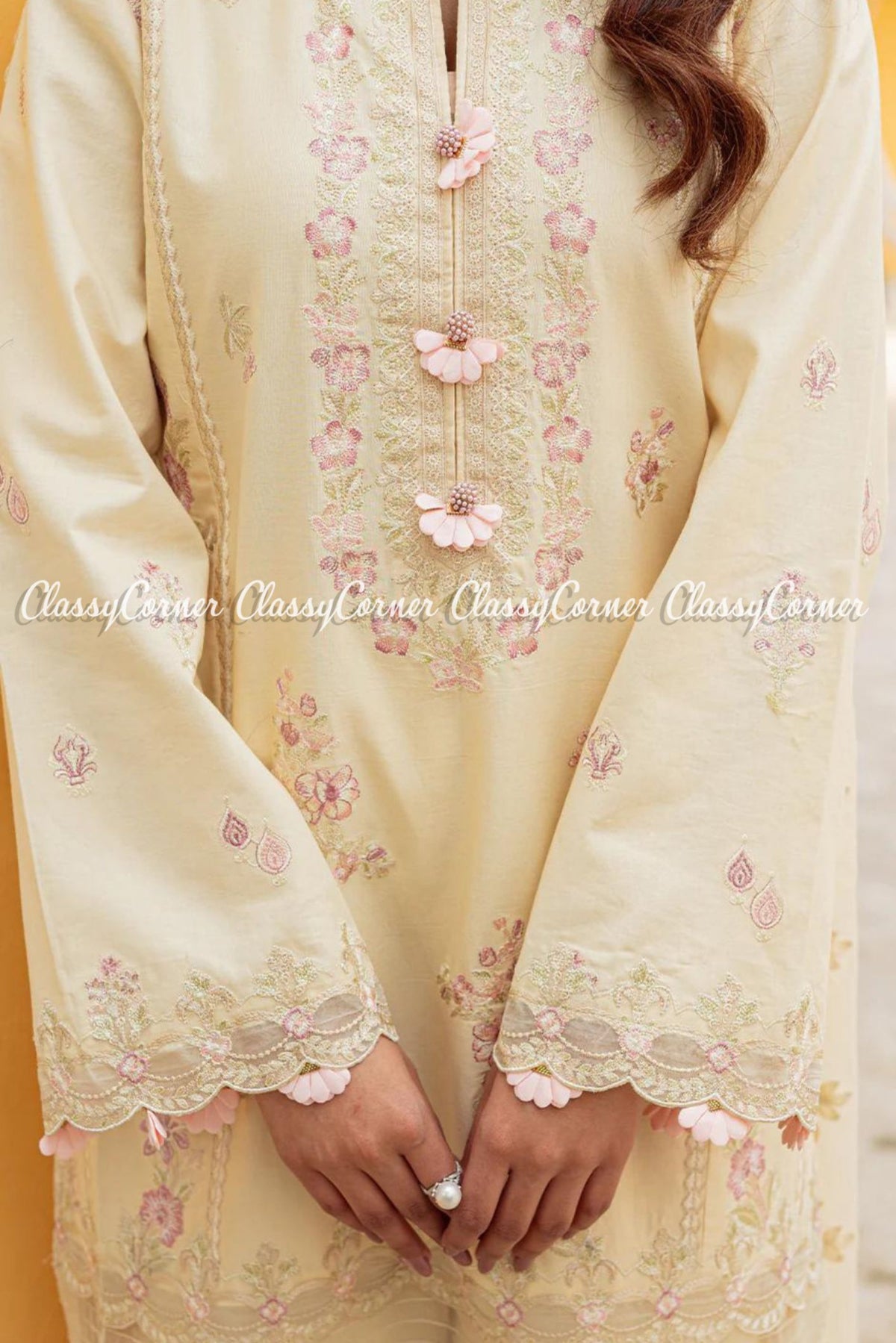 Yellow Pink Lawn Embroidered Pakistani Salwar kameez