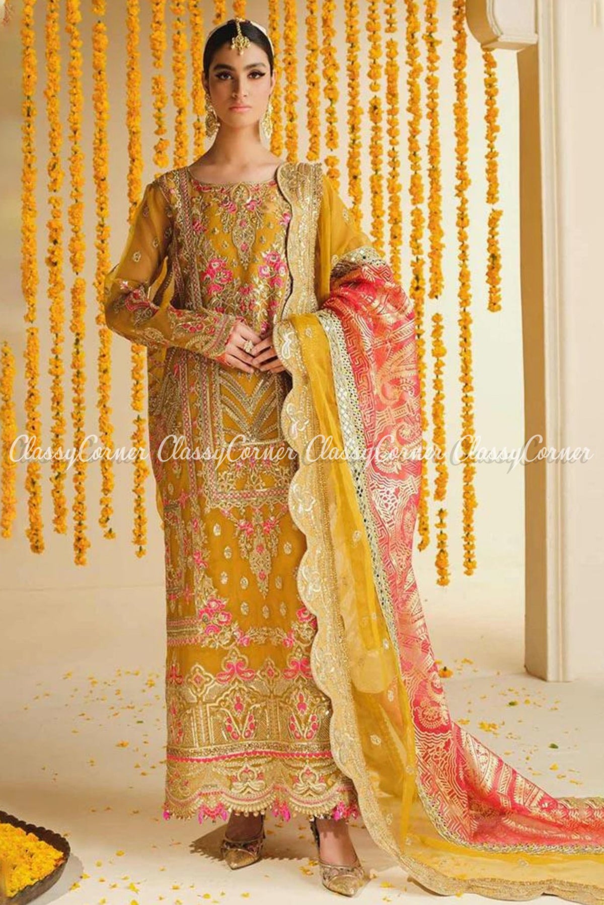 Yellow Pink Golden Embroidered Wedding Wear Salwar Kameez