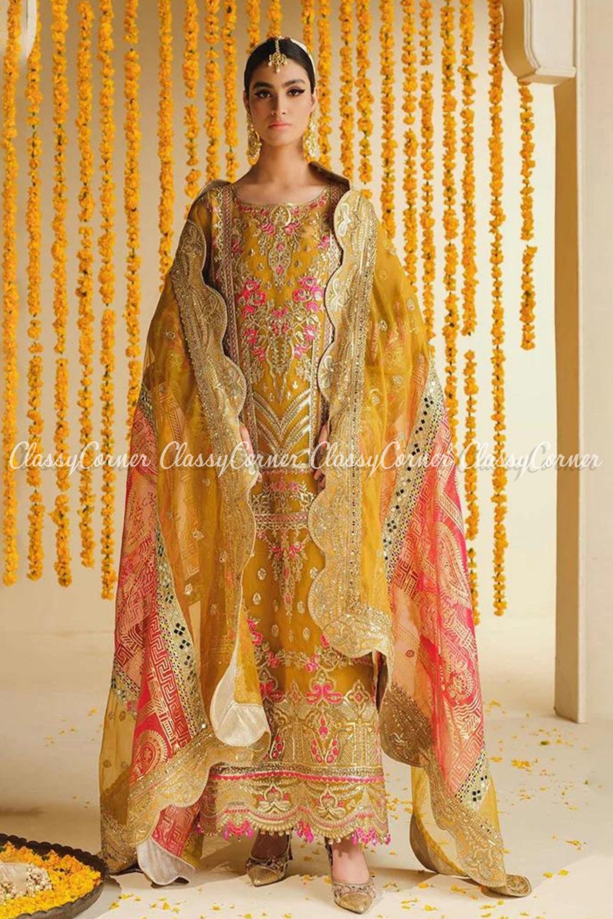 Yellow Pink Golden Embroidered Wedding Wear Salwar Kameez