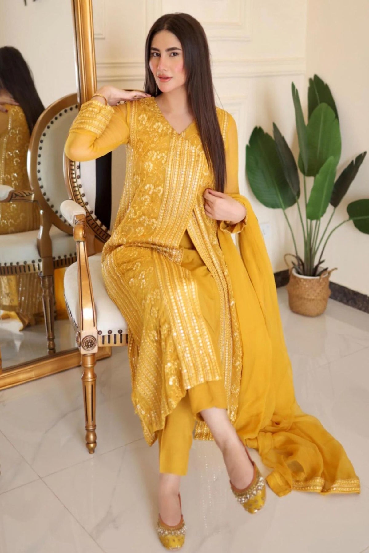 Yellow Chiffon Embroidered Mehndi Wear Outfit