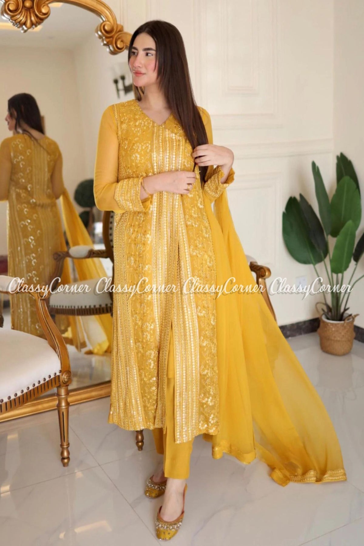 Yellow Chiffon Embroidered Mehndi Wear Outfit