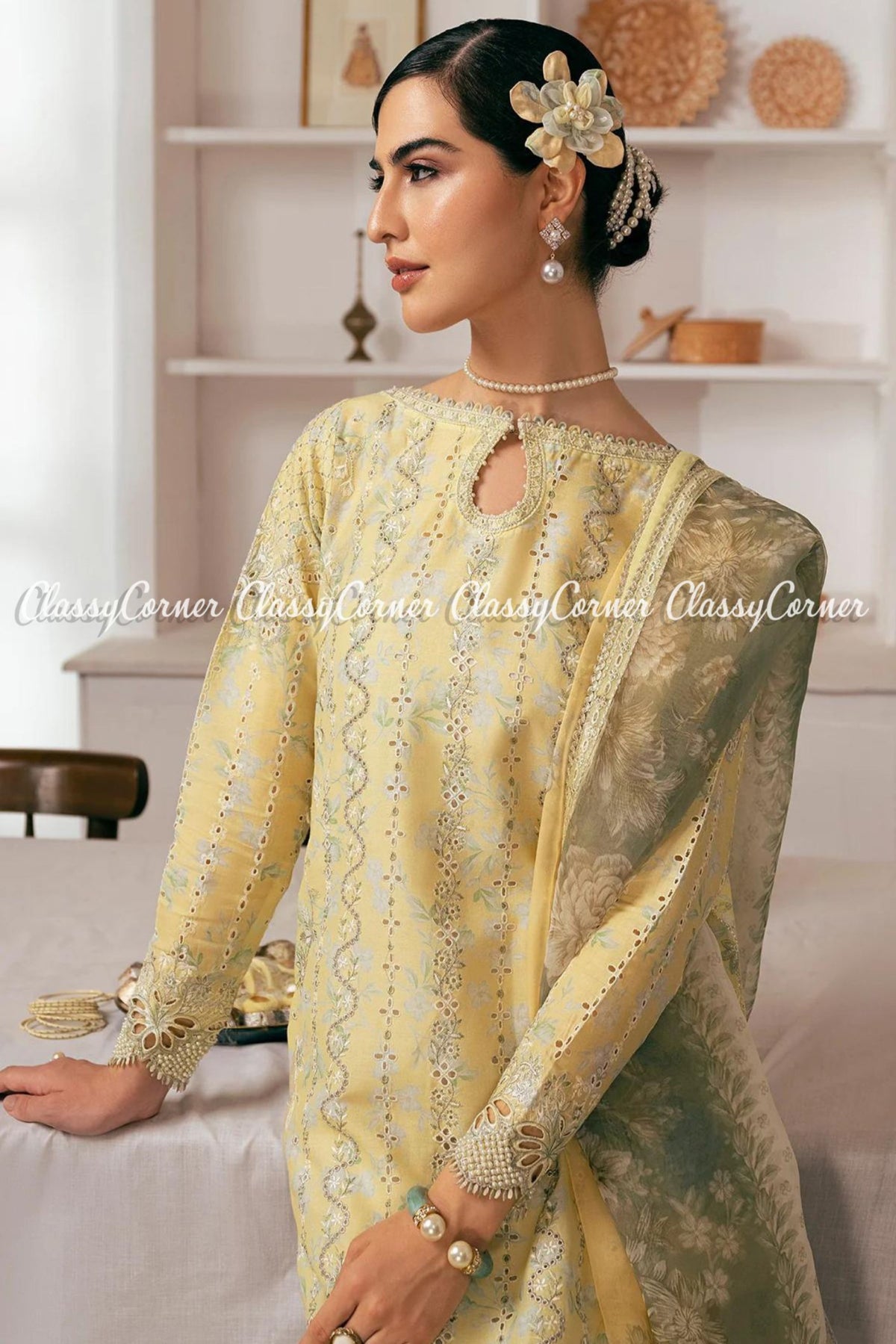 Lemon Yellow Lawn Embroidered Pakistani Salwar kameez