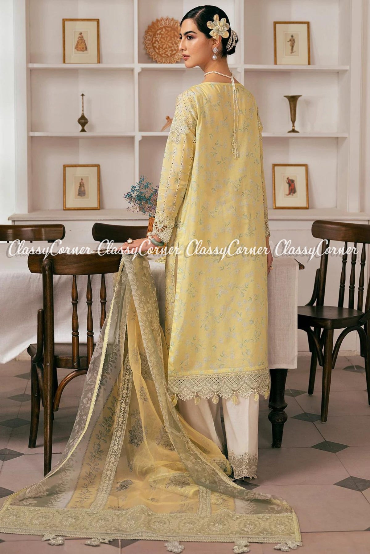 Lemon Yellow Lawn Embroidered Pakistani Salwar kameez