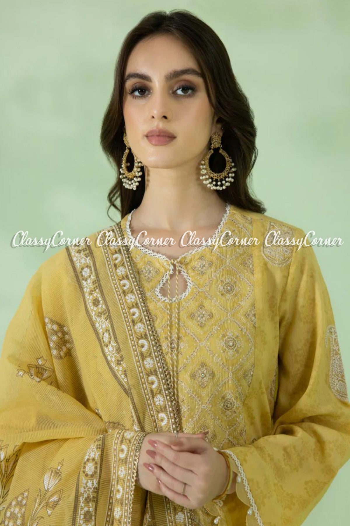 Yellow White Formal Wear Embroidered 3 Piece Outfit