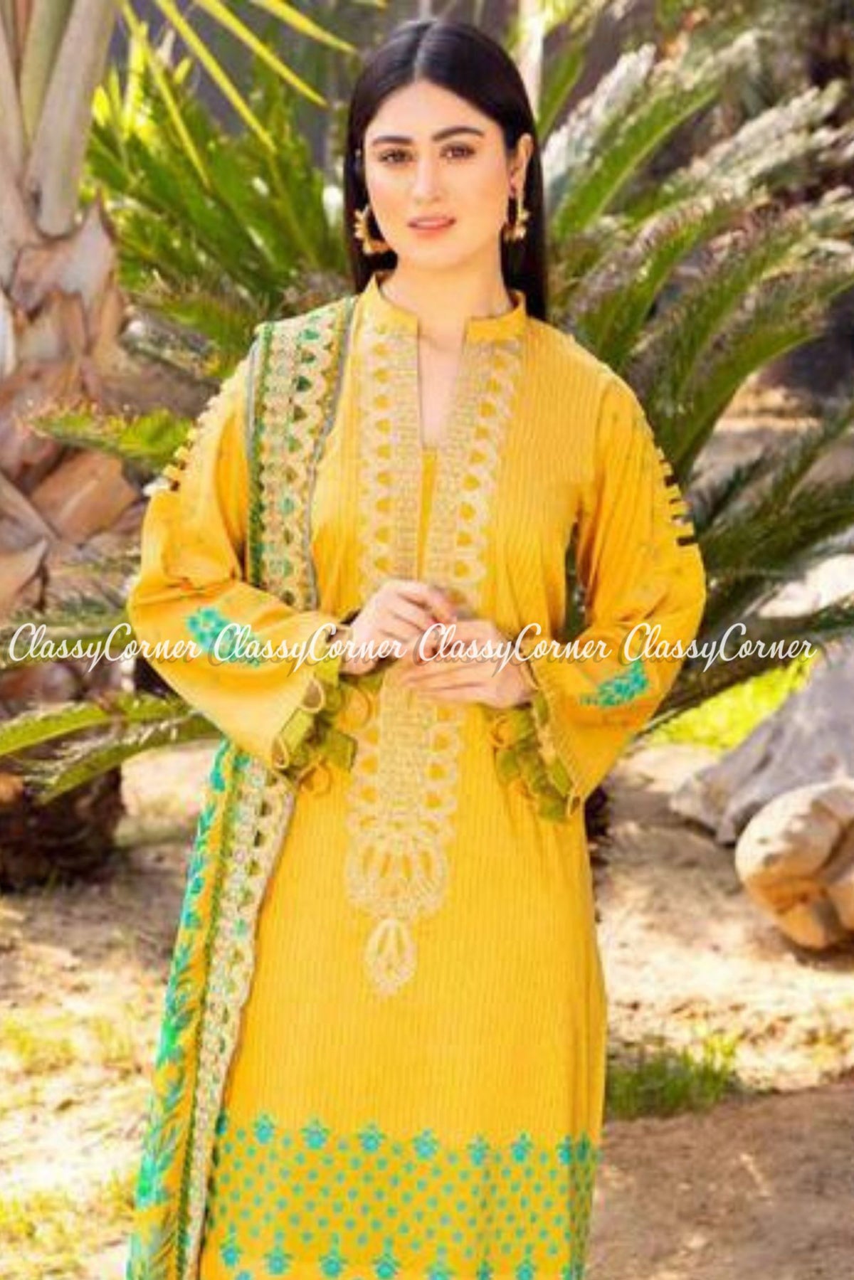 Yellow Blue Lawn Embroidered Pakistani Salwar Kameez