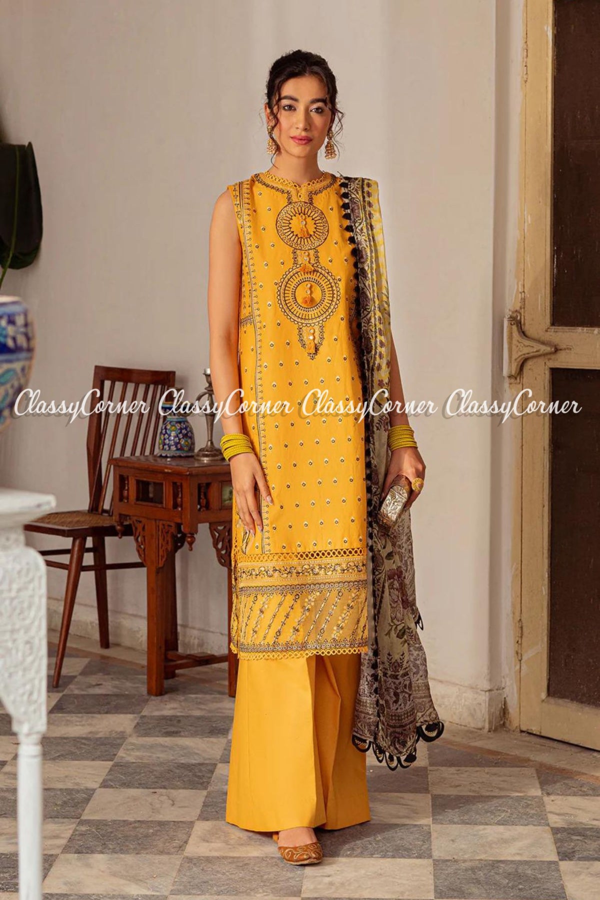 Yellow Copper Lawn Embroidered Pakistani Salwar Kameez