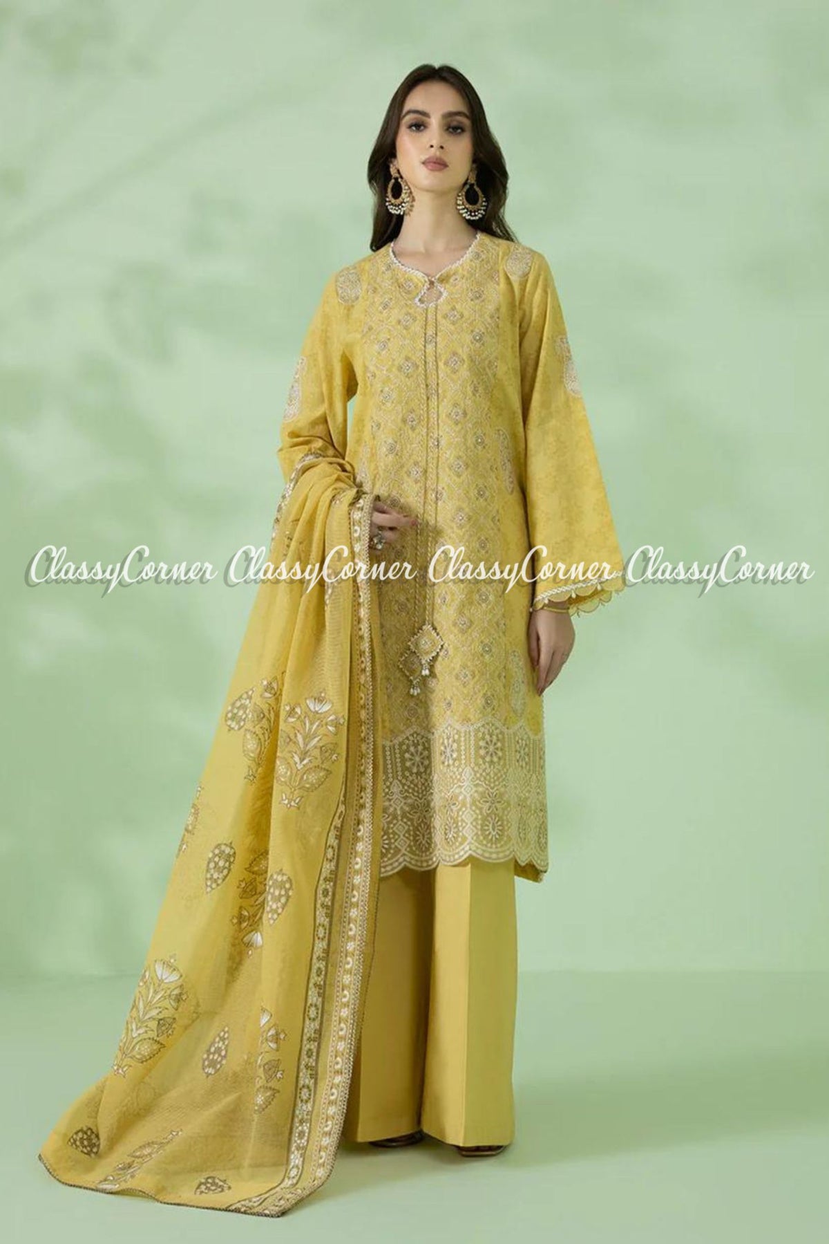 Yellow White Formal Wear Embroidered 3 Piece Outfit