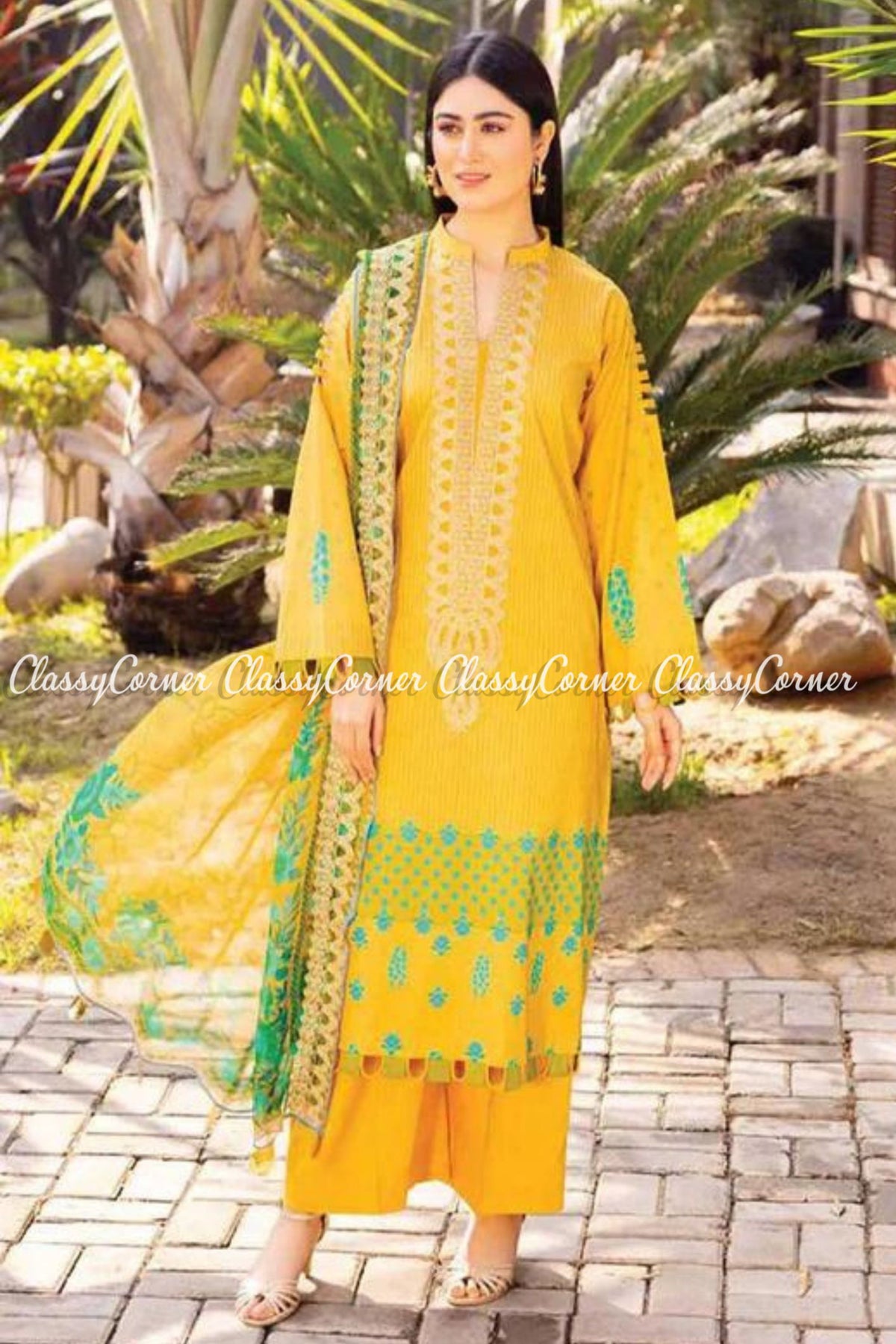 Yellow Blue Lawn Embroidered Pakistani Salwar Kameez