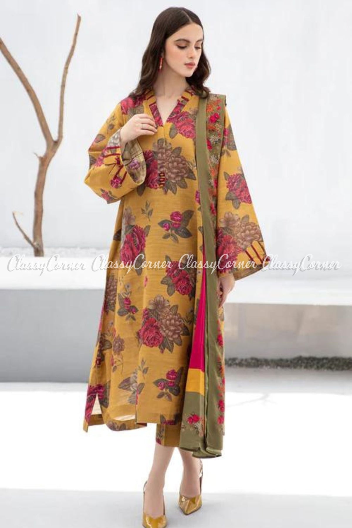 Yellow Pink Floral Printed Viscose Khaddar Salwar Kameez