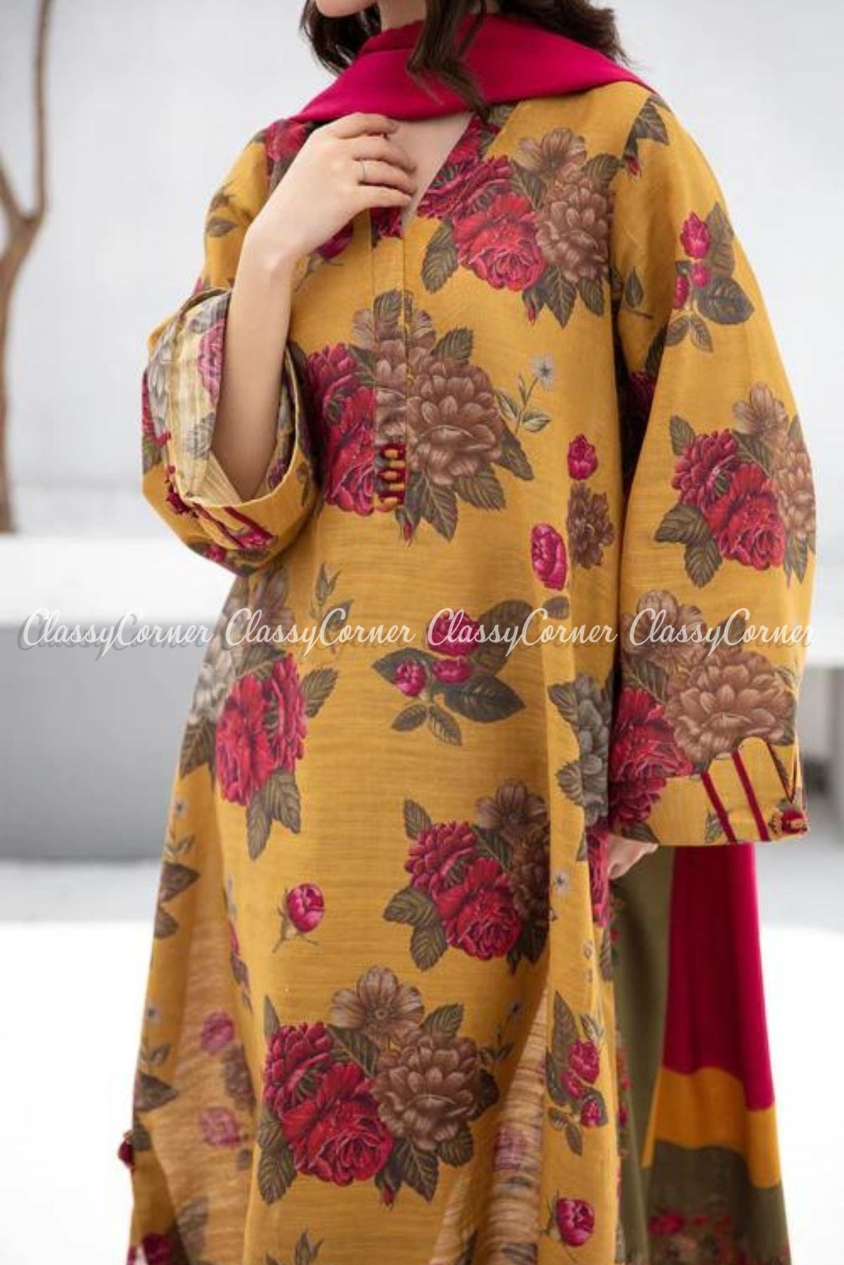 Yellow Pink Floral Printed Viscose Khaddar Salwar Kameez