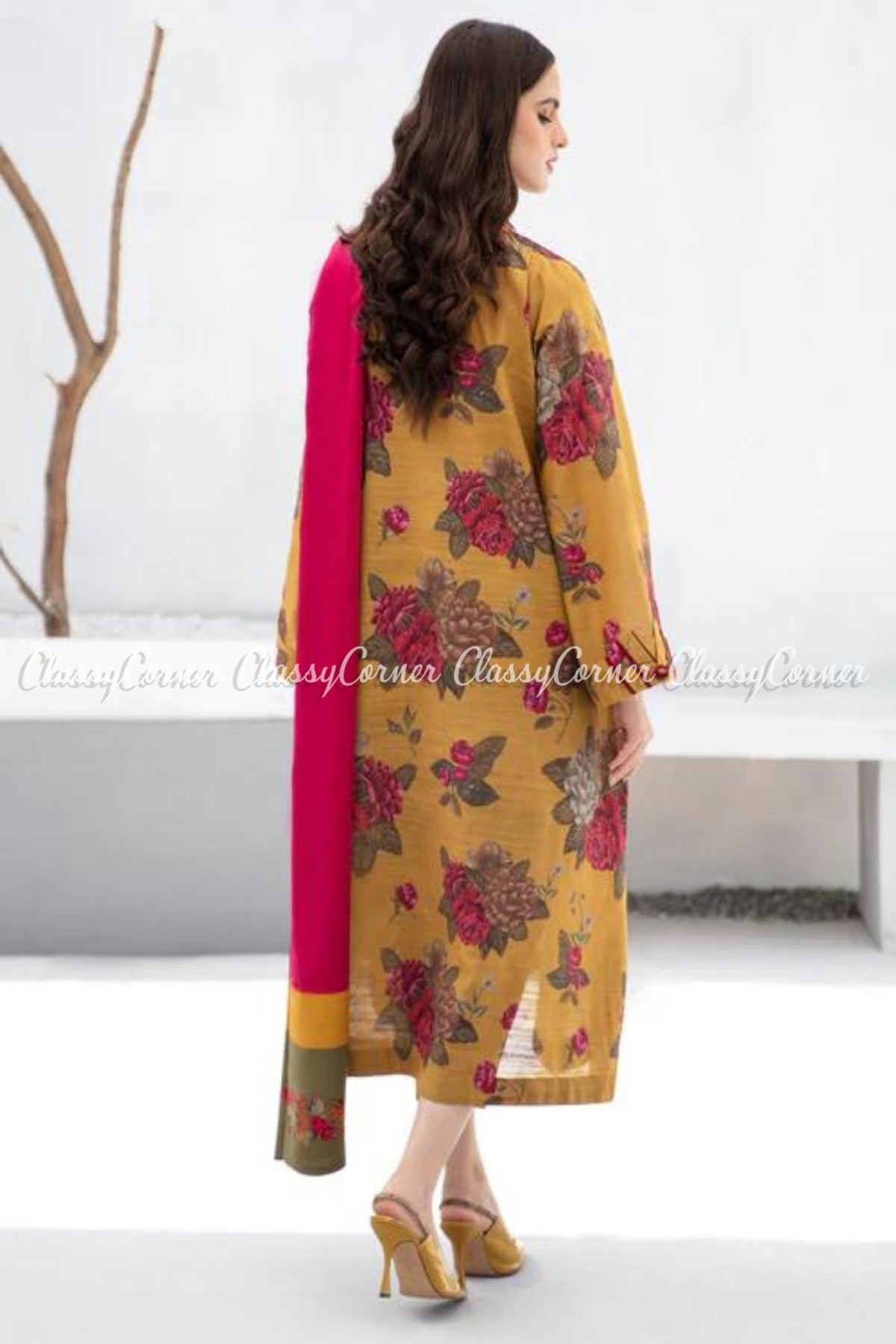 Yellow Pink Floral Printed Viscose Khaddar Salwar Kameez