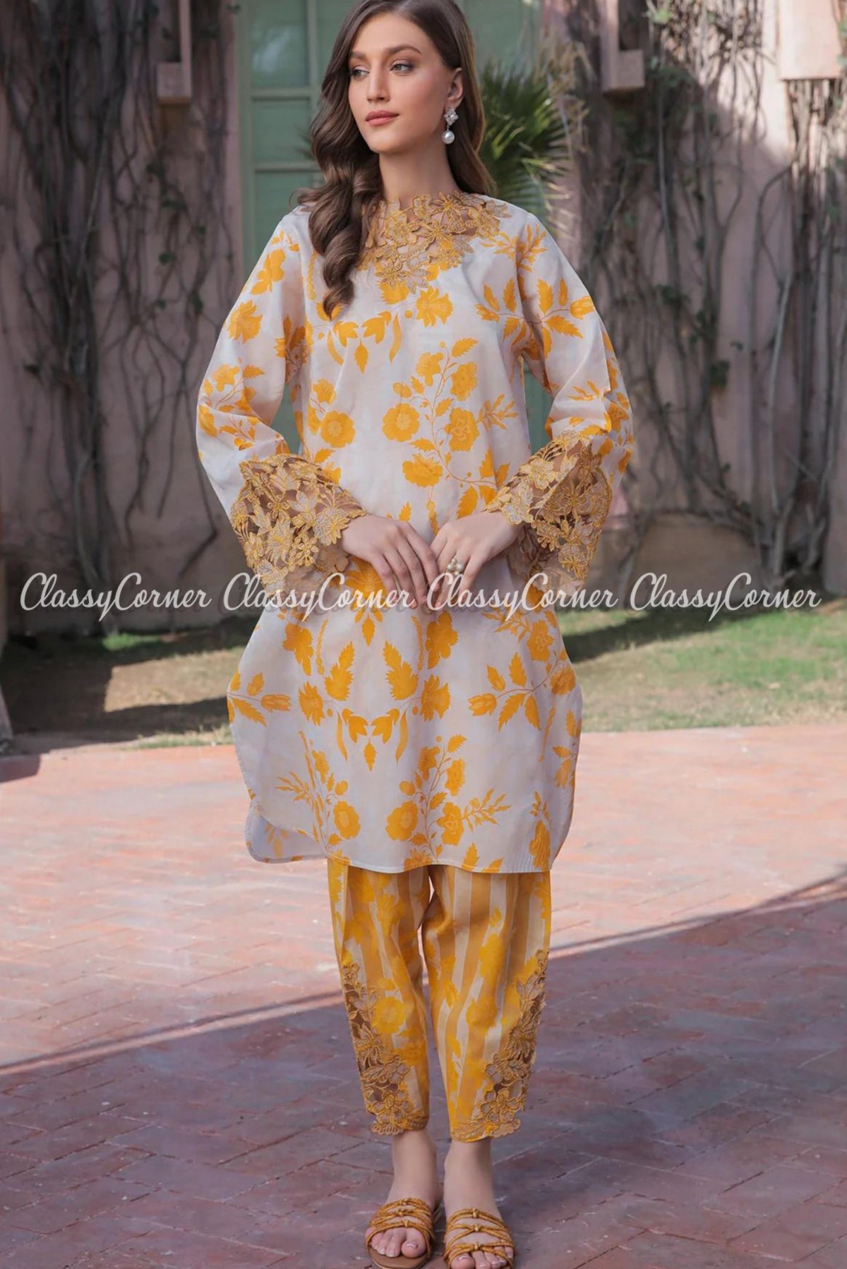 Yellow White Embroidered Floral Printed Pakistani Salwar Kameez