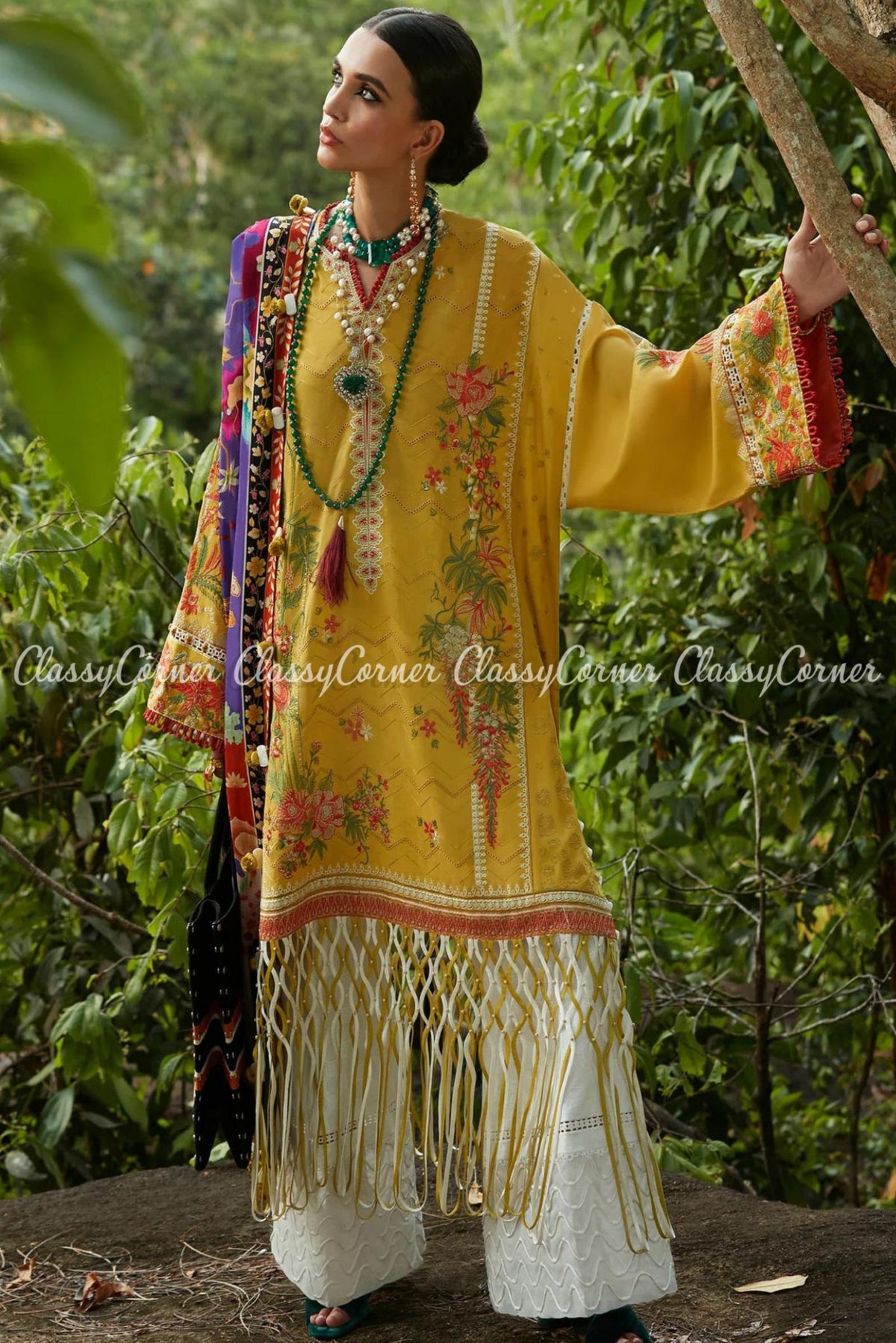 Yellow White Multi Embroidered Lawn Salwar Kameez