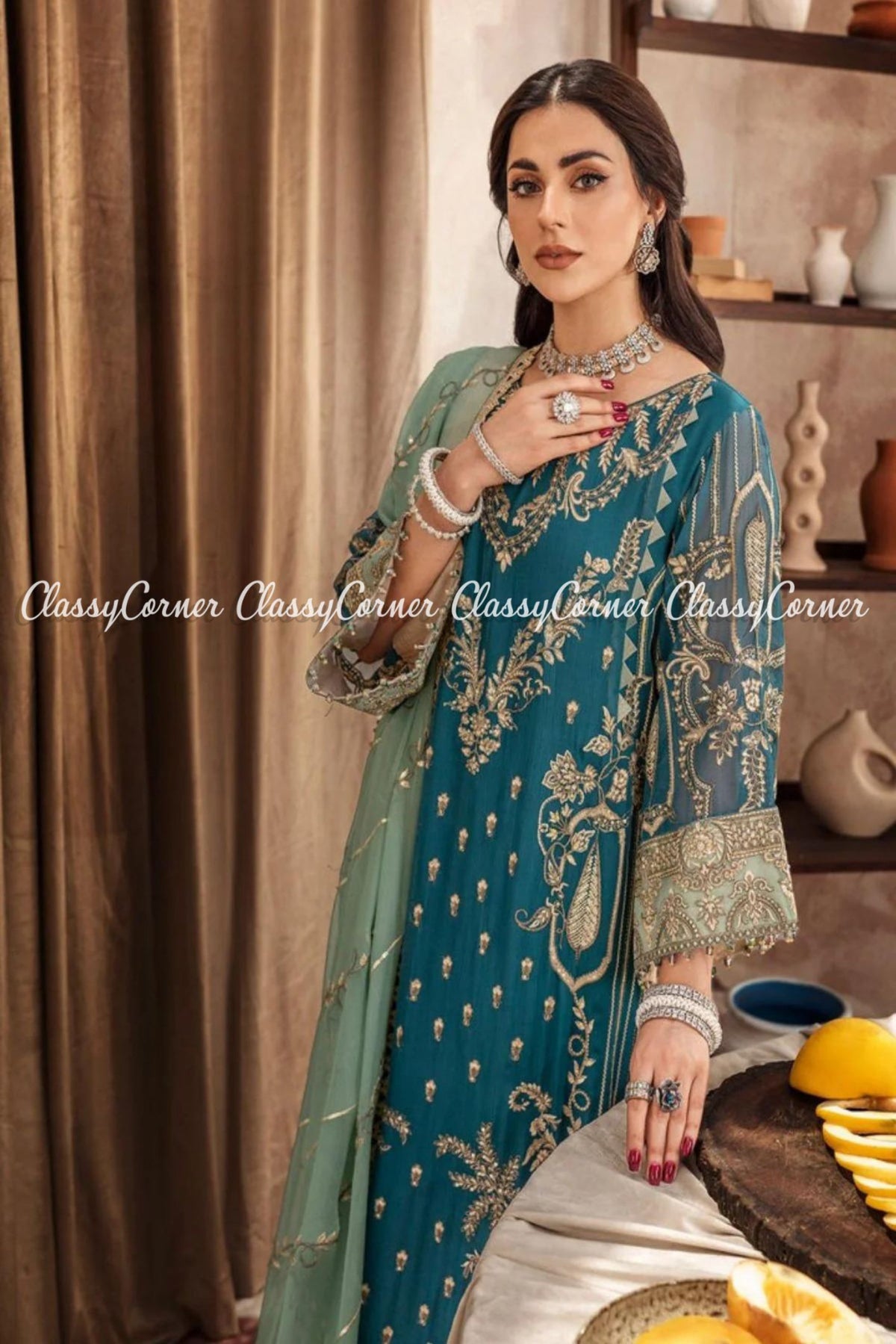 Zinc Golden Chiffon Embroidered Formal Wear Salwar Kameez