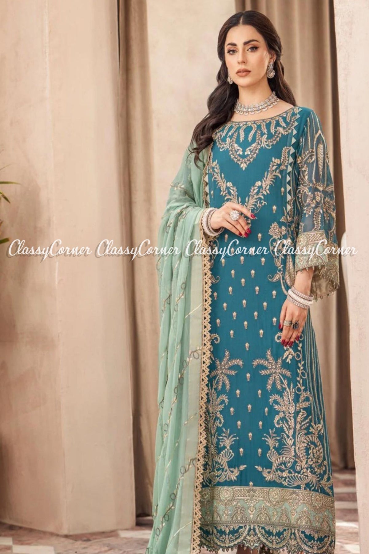 Zinc Golden Chiffon Embroidered Formal Wear Salwar Kameez